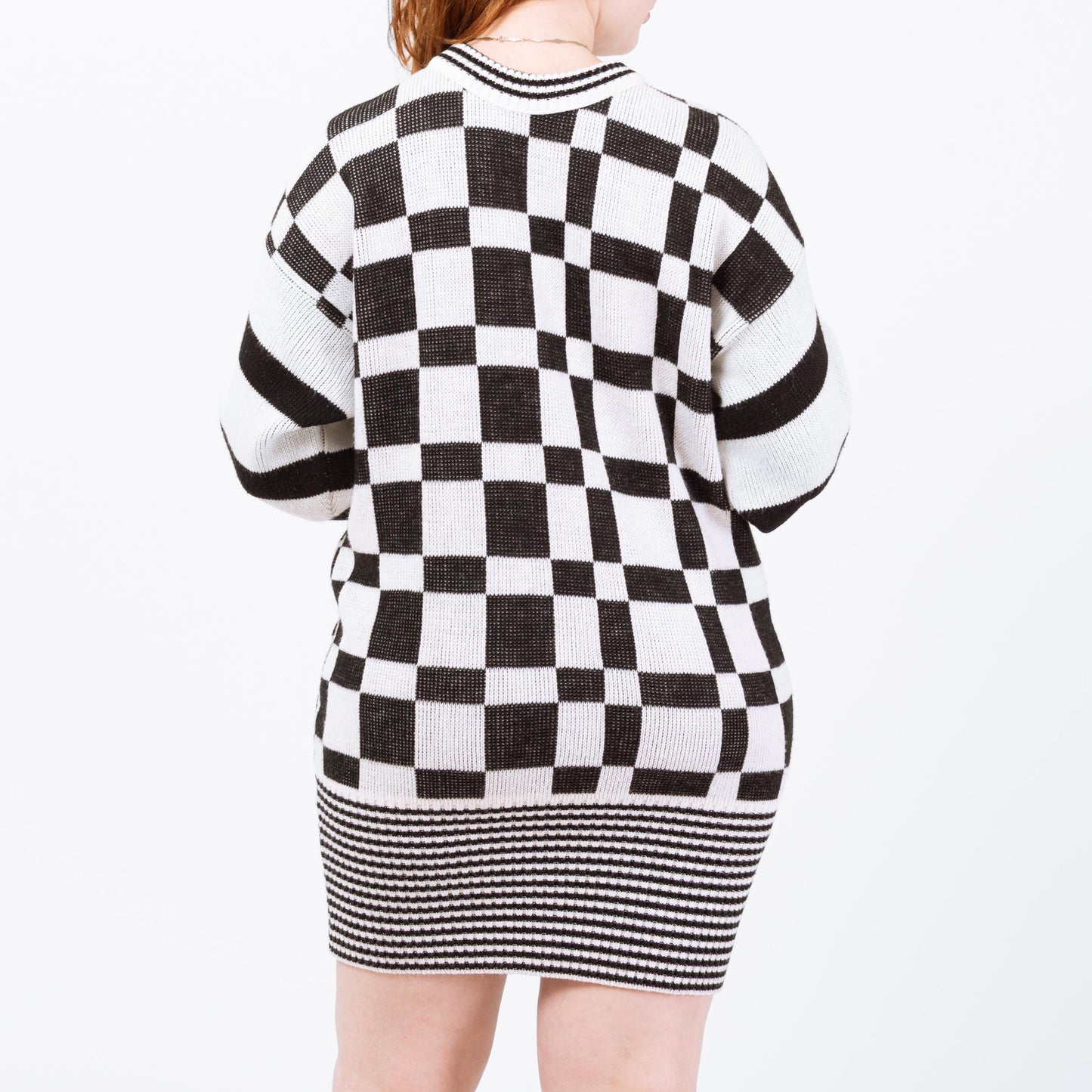 Vintage 80s Black & White Geometric Knit Sweater Dress - Large | Checkered Striped Oversize Pullover