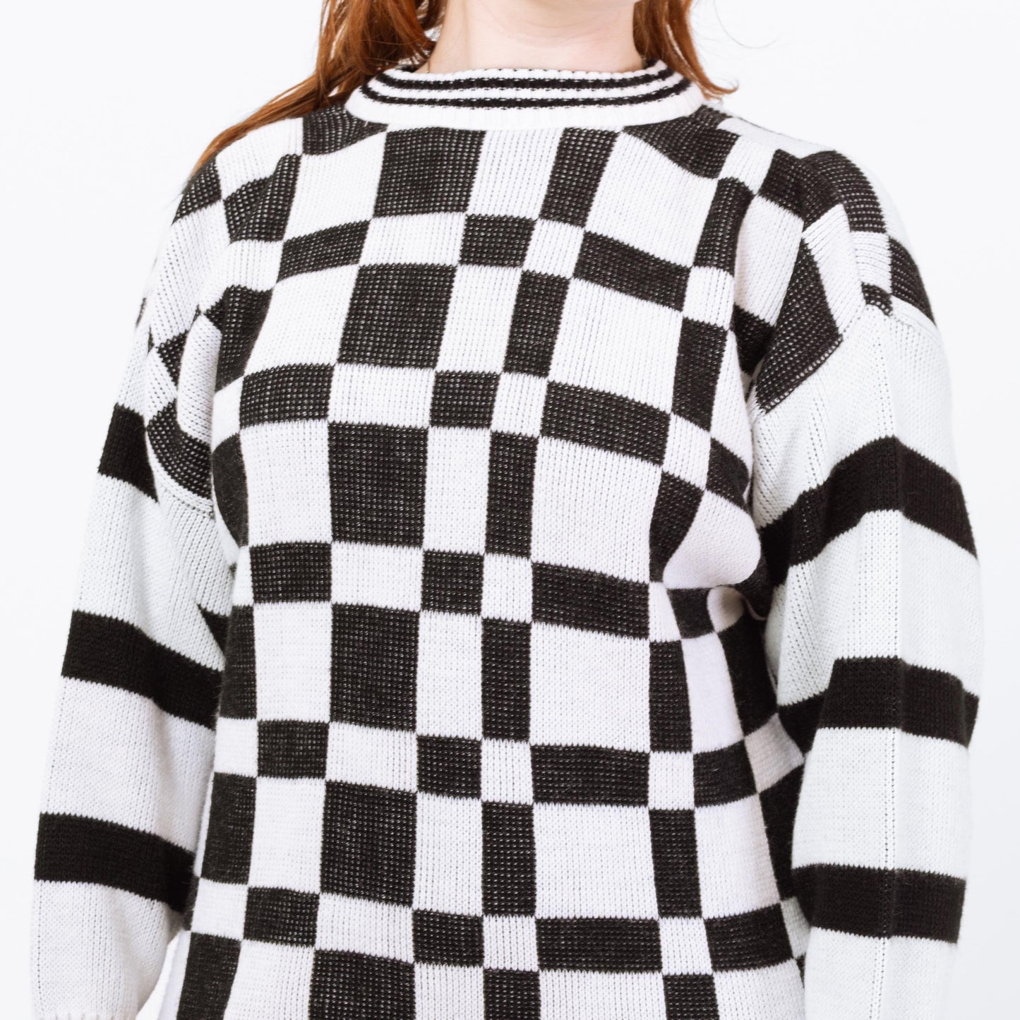 Vintage 80s Black & White Geometric Knit Sweater Dress - Large | Checkered Striped Oversize Pullover