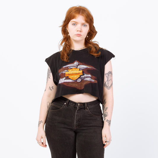 Vintage 90s Harley Davidson Biker Crop Top - XXL | Black Motorcycle Graphic Cut-Off Tank