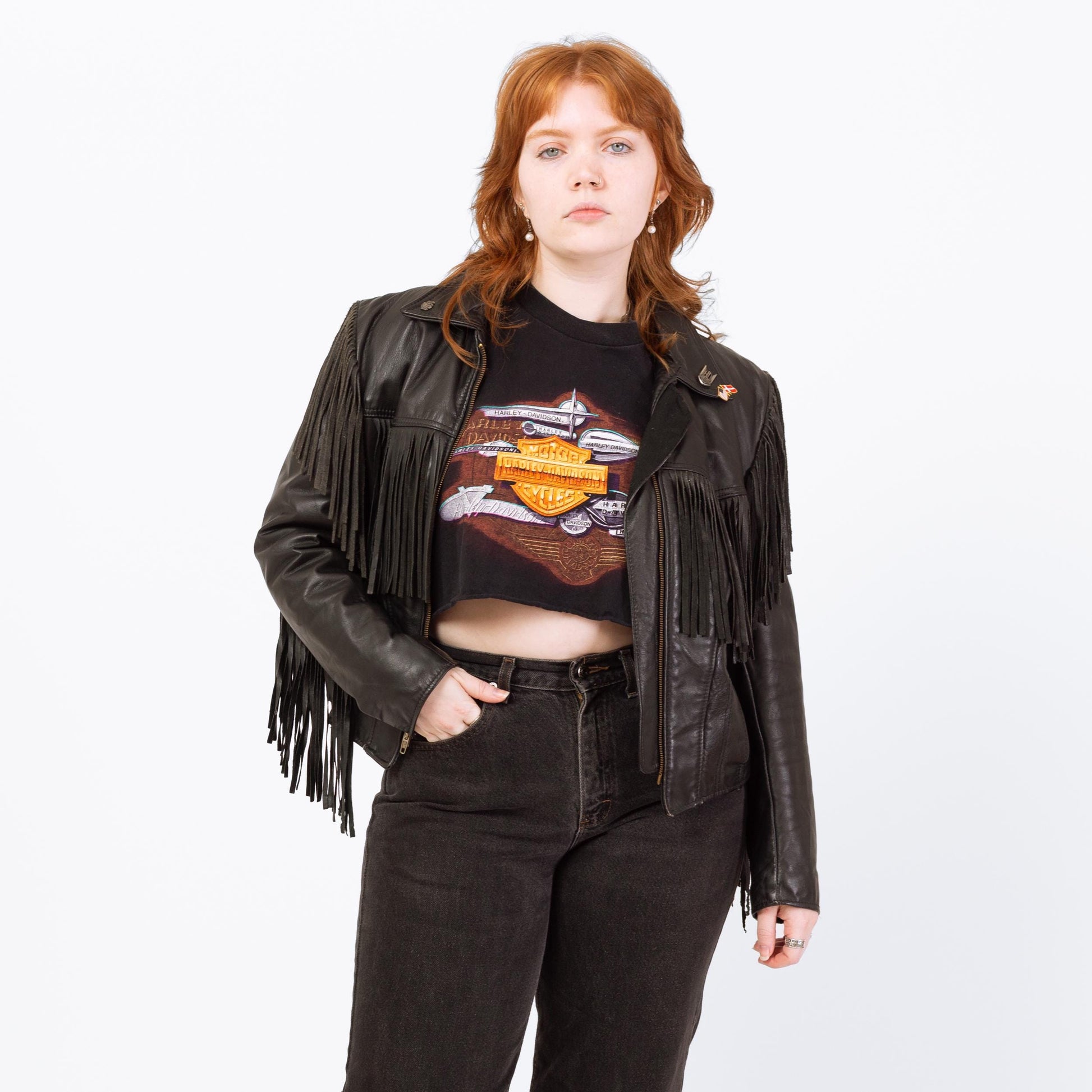 Vintage 80s Black Leather Fringe Harley Jacket - Large | Cropped Moto Biker Coat