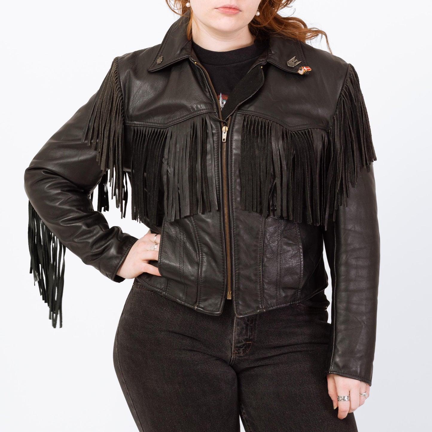 Vintage 80s Black Leather Fringe Harley Jacket - Large | Cropped Moto Biker Coat