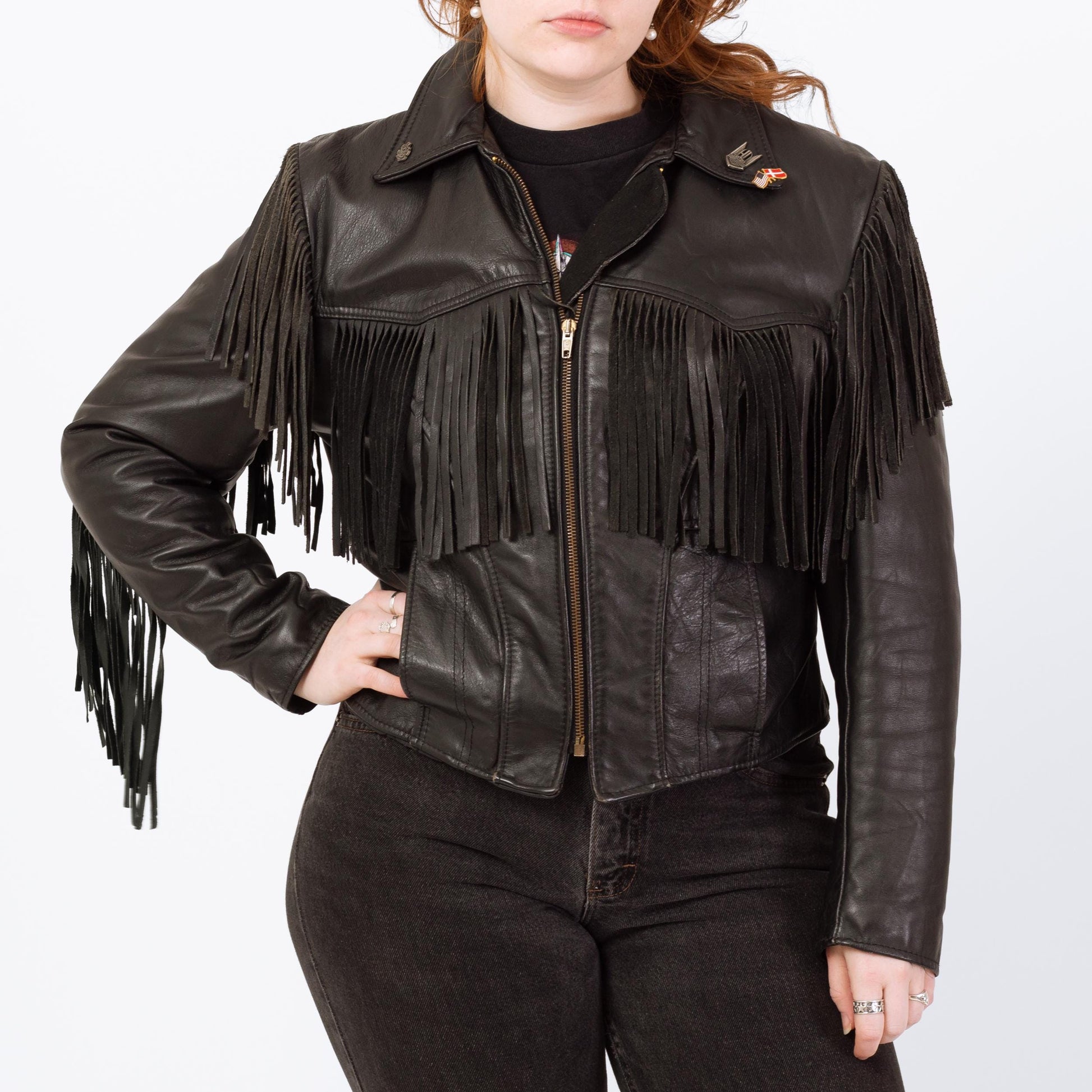 Vintage 80s Black Leather Fringe Harley Jacket - Large | Cropped Moto Biker Coat