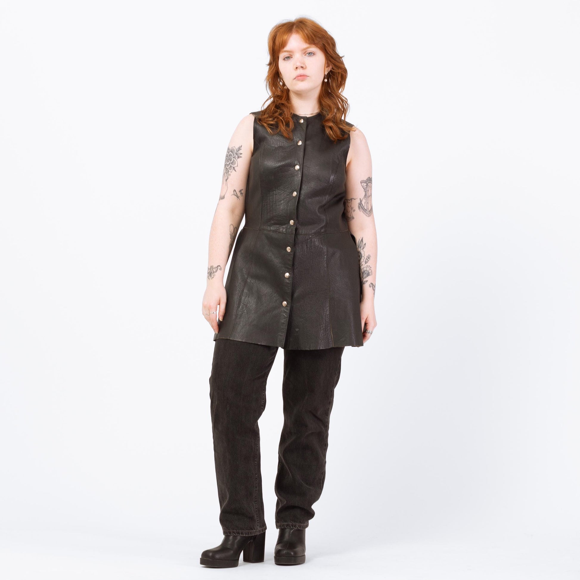 Vintage 90s Black Leather Tunic Top - Medium | Sleeveless Longline Side Slit Biker Vest