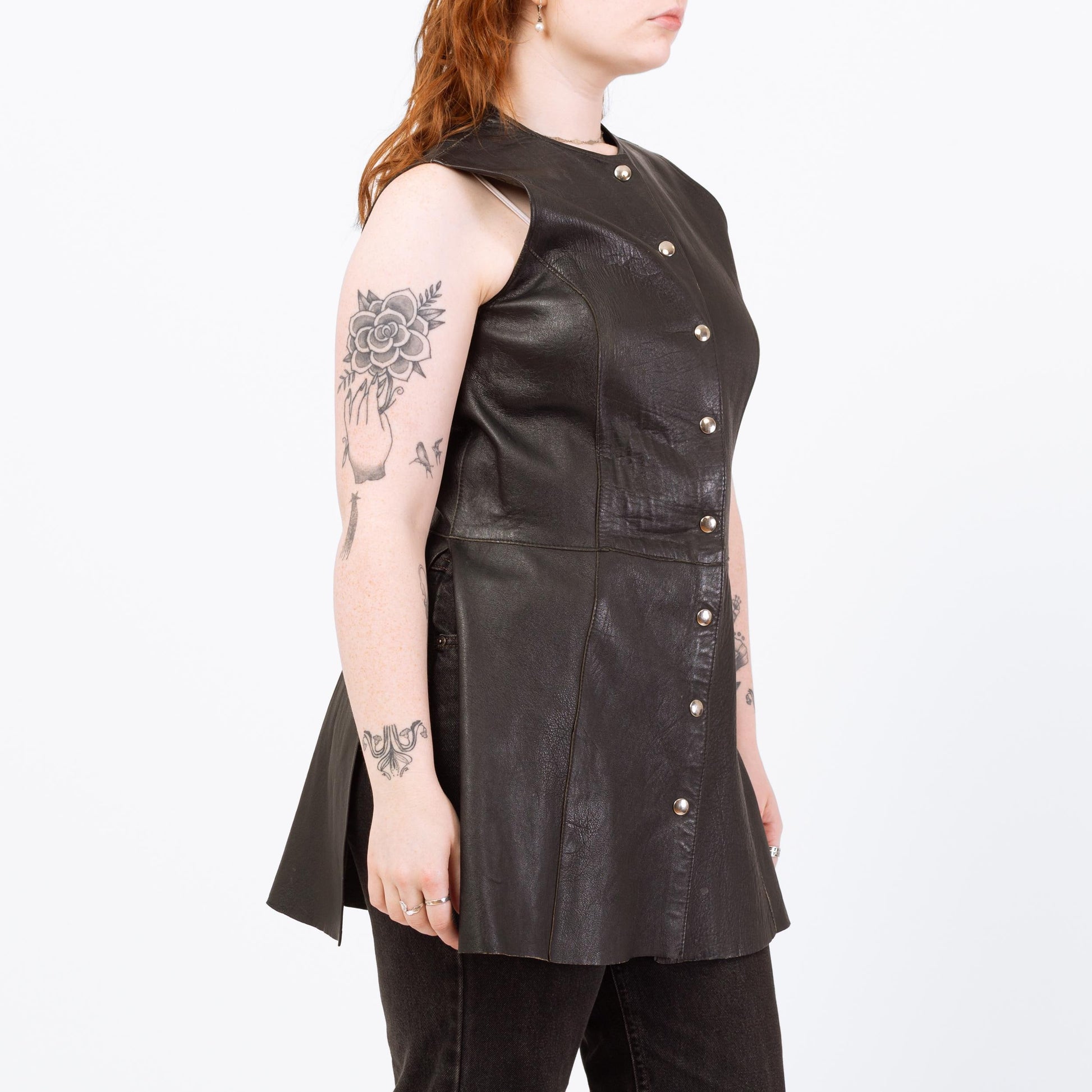 Vintage 90s Black Leather Tunic Top - Medium | Sleeveless Longline Side Slit Biker Vest