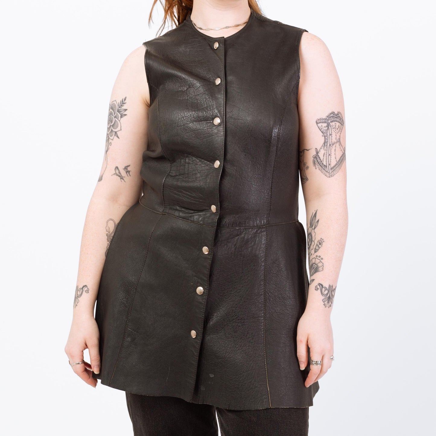 Vintage 90s Black Leather Tunic Top - Medium | Sleeveless Longline Side Slit Biker Vest