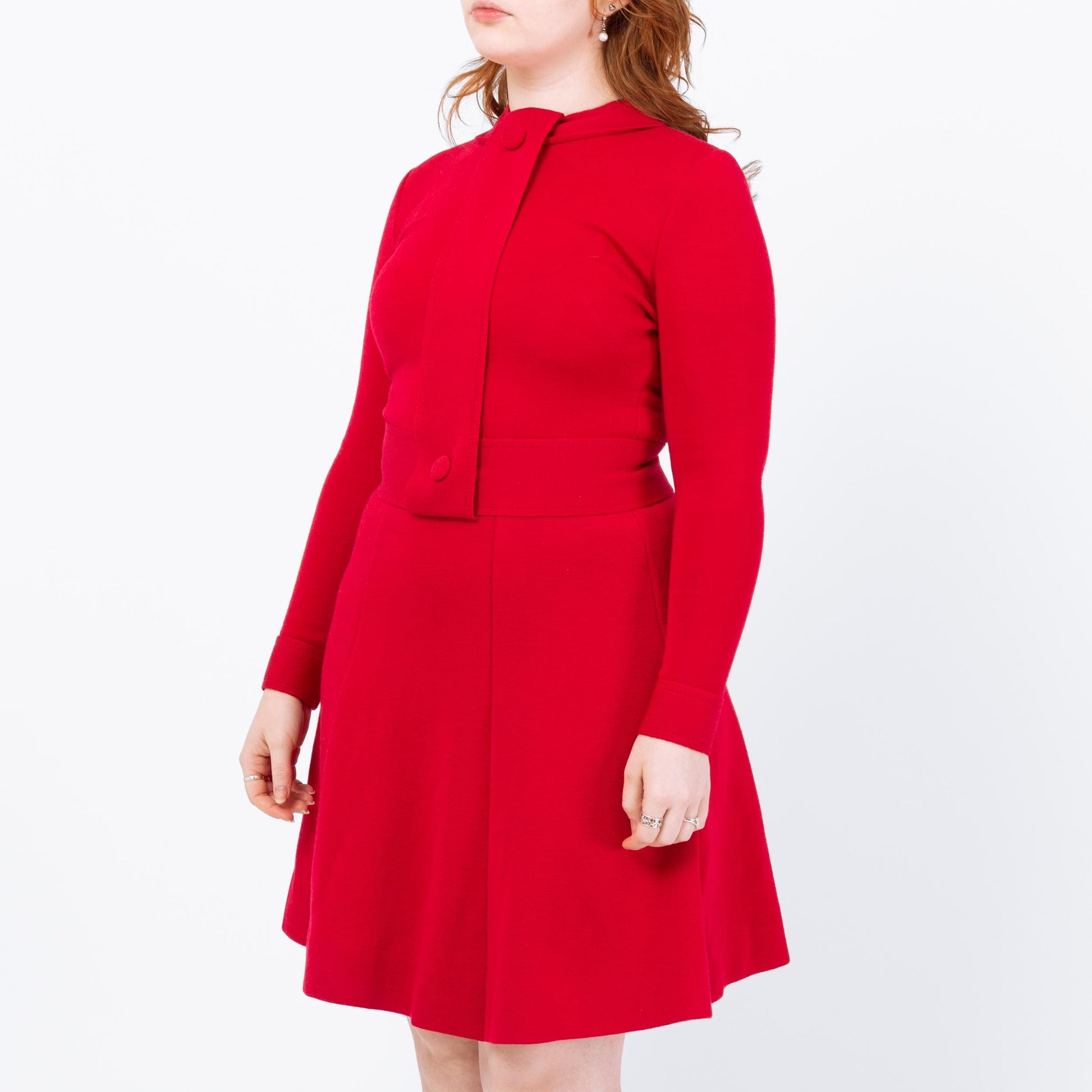 Vintage 60s Mod Red Wool Drop Waist Mini Dress - Small | Long Sleeve Knit Dress
