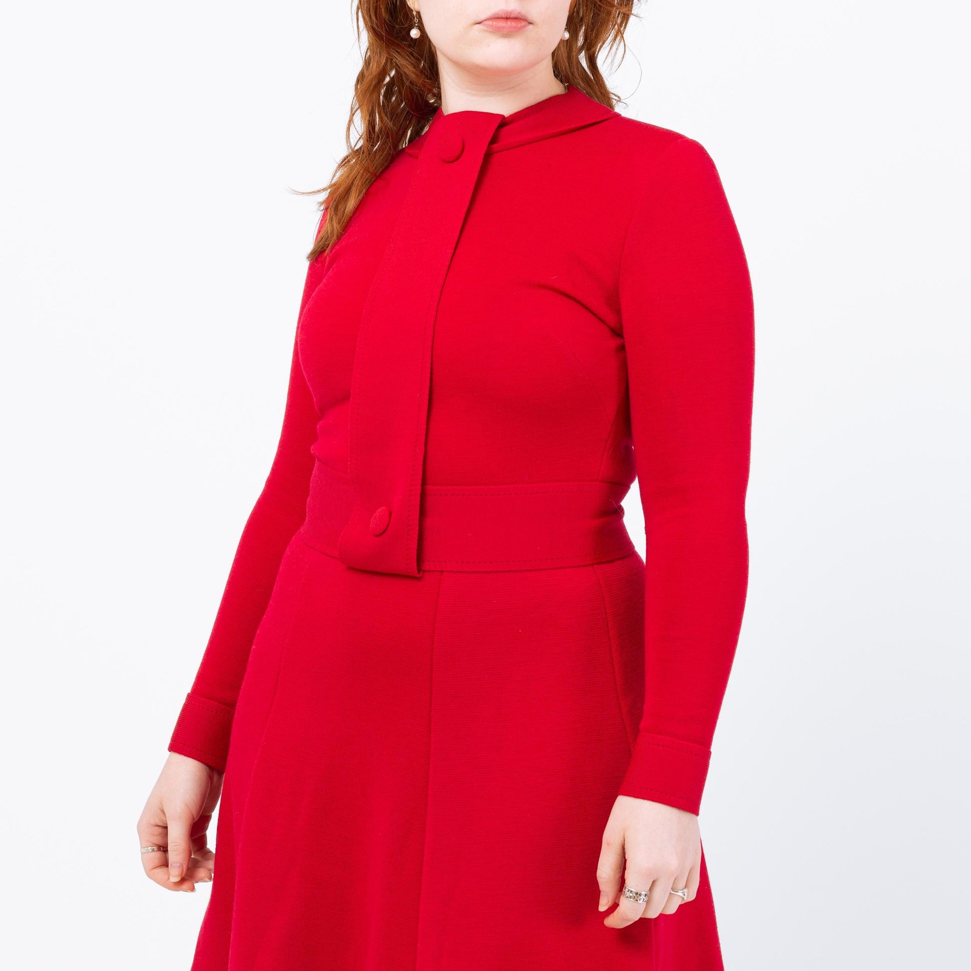 Vintage 60s Mod Red Wool Drop Waist Mini Dress - Small | Long Sleeve Knit Dress