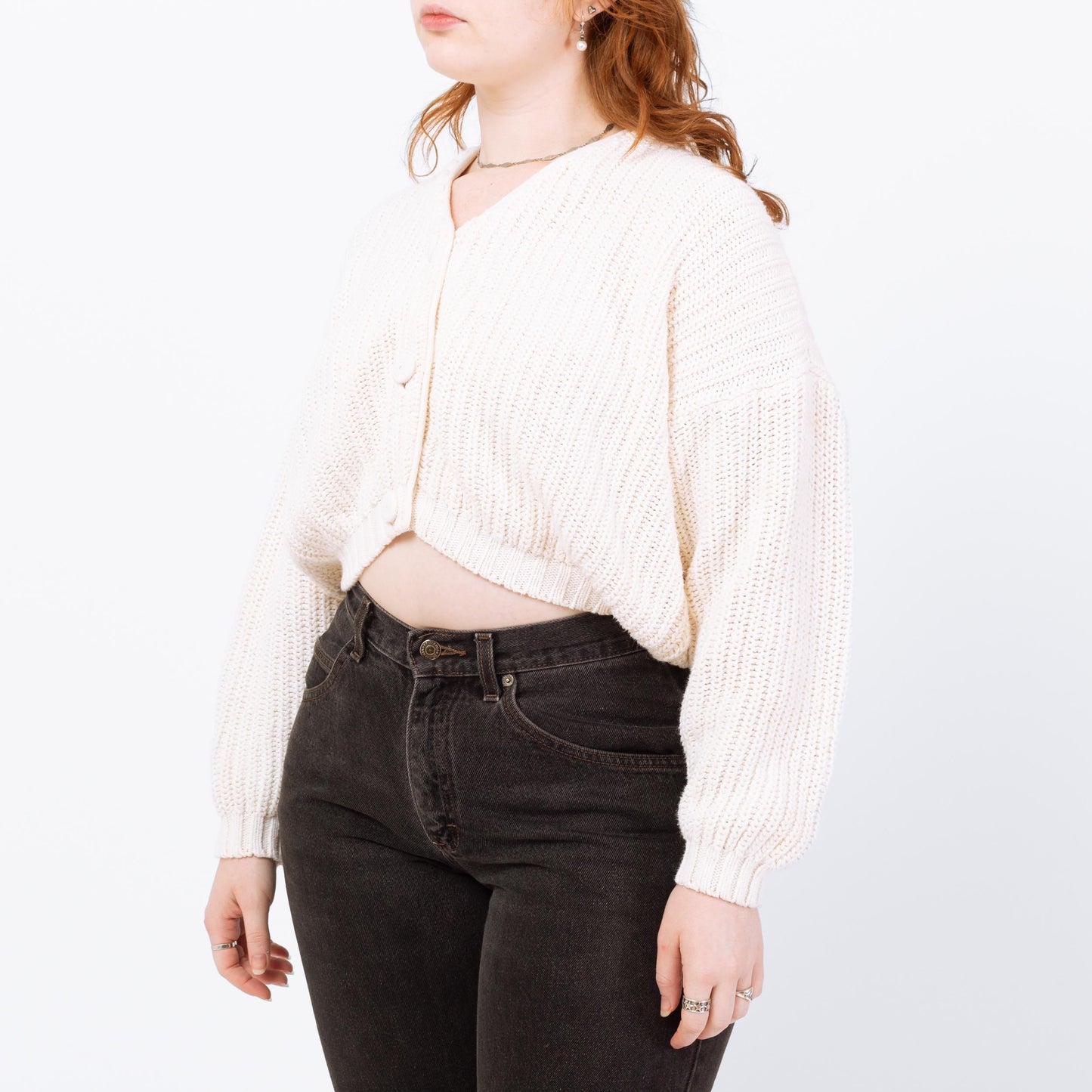 Vintage 90s White Cropped Cardigan - Medium | Cream Cotton Knit Button Up Sweater