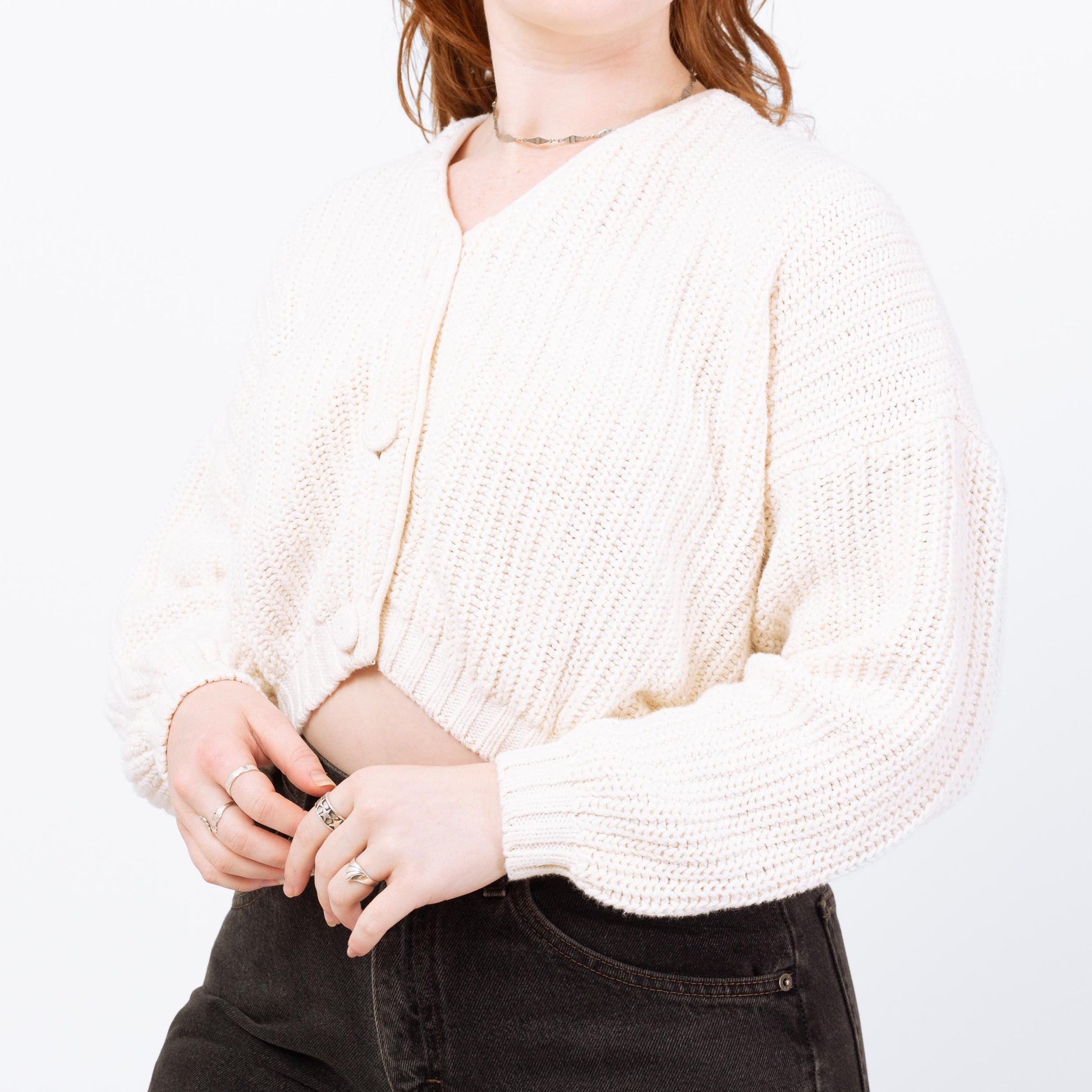 Vintage 90s White Cropped Cardigan - Medium | Cream Cotton Knit Button Up Sweater