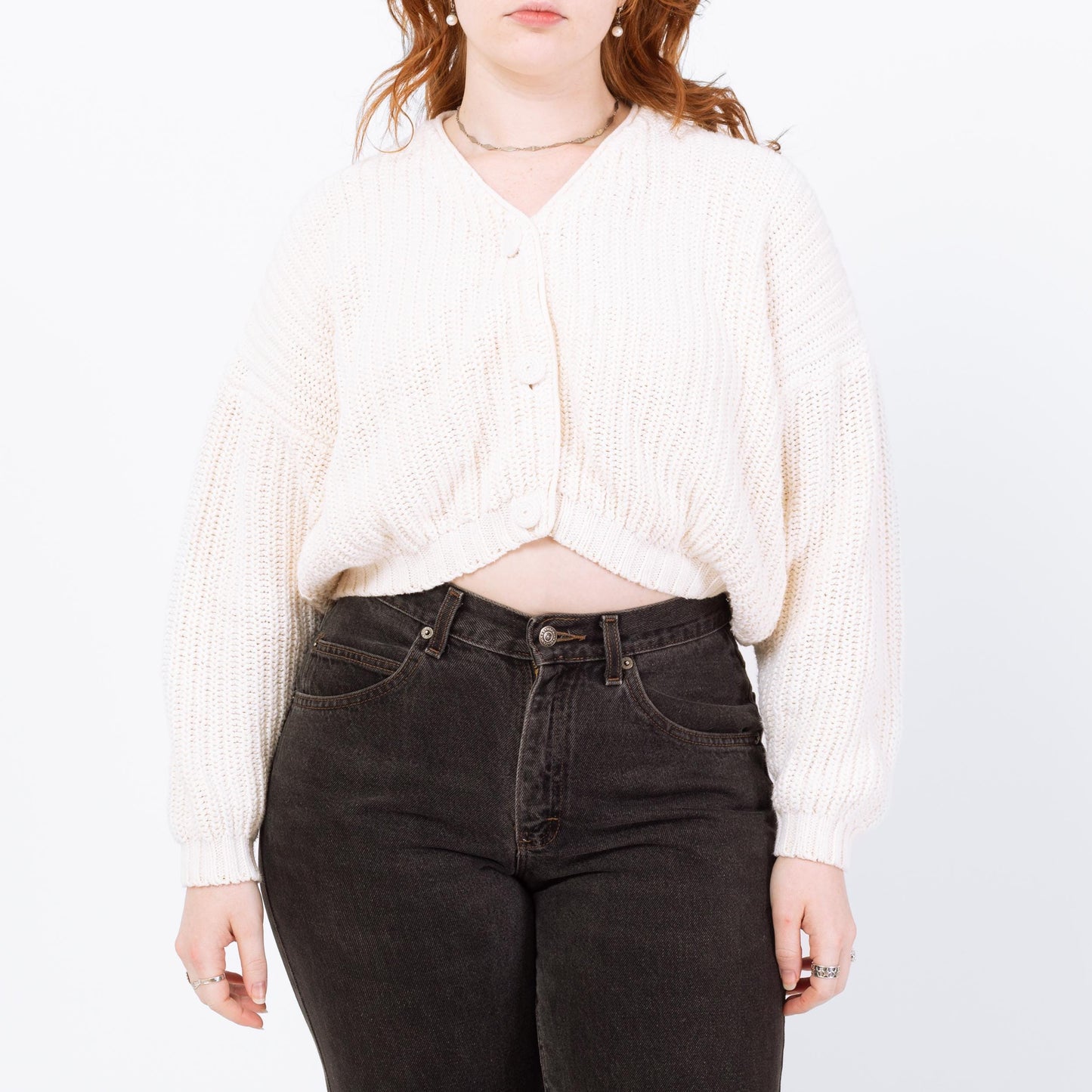 Vintage 90s White Cropped Cardigan - Medium | Cream Cotton Knit Button Up Sweater