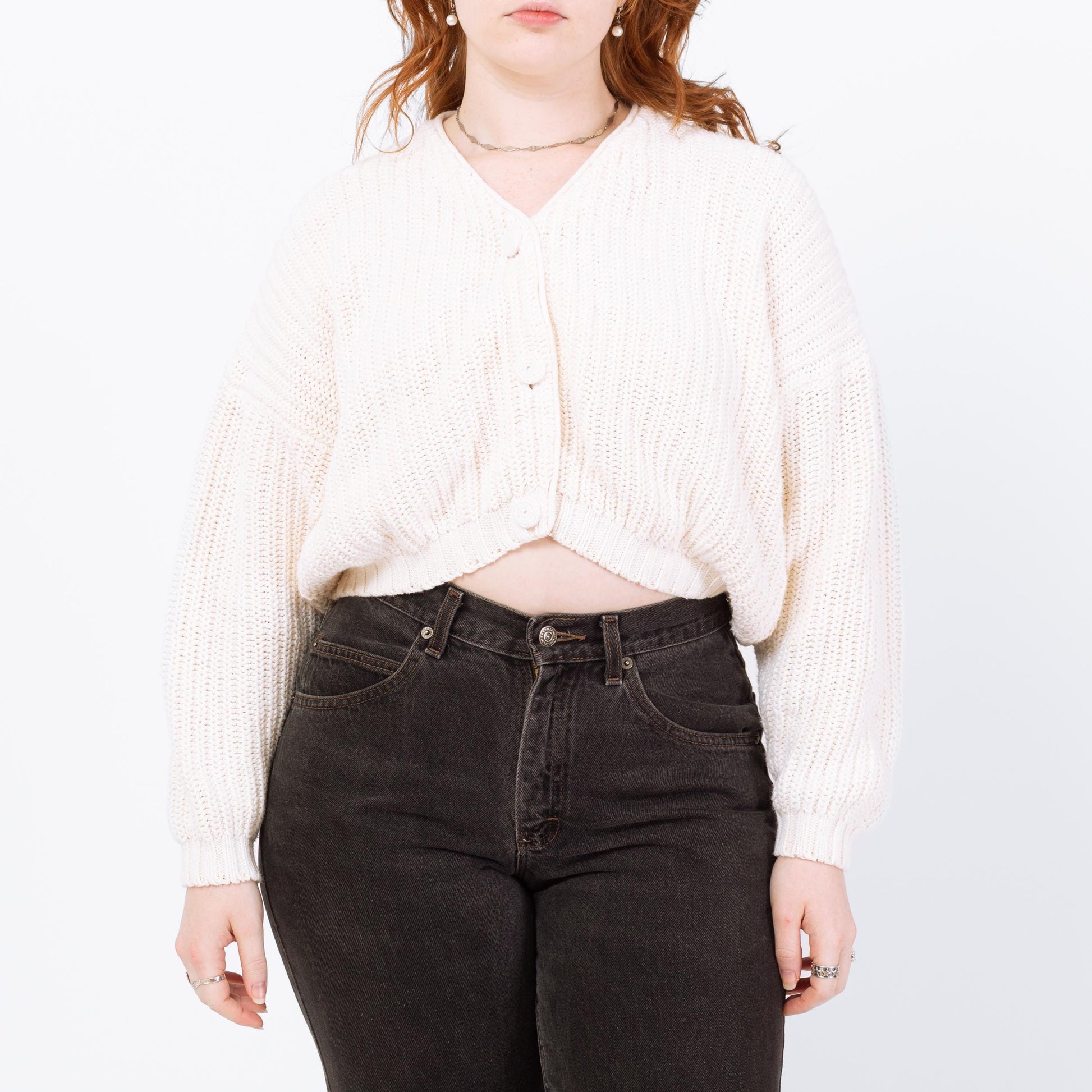 Vintage 90s White Cropped Cardigan - Medium | Cream Cotton Knit Button Up Sweater