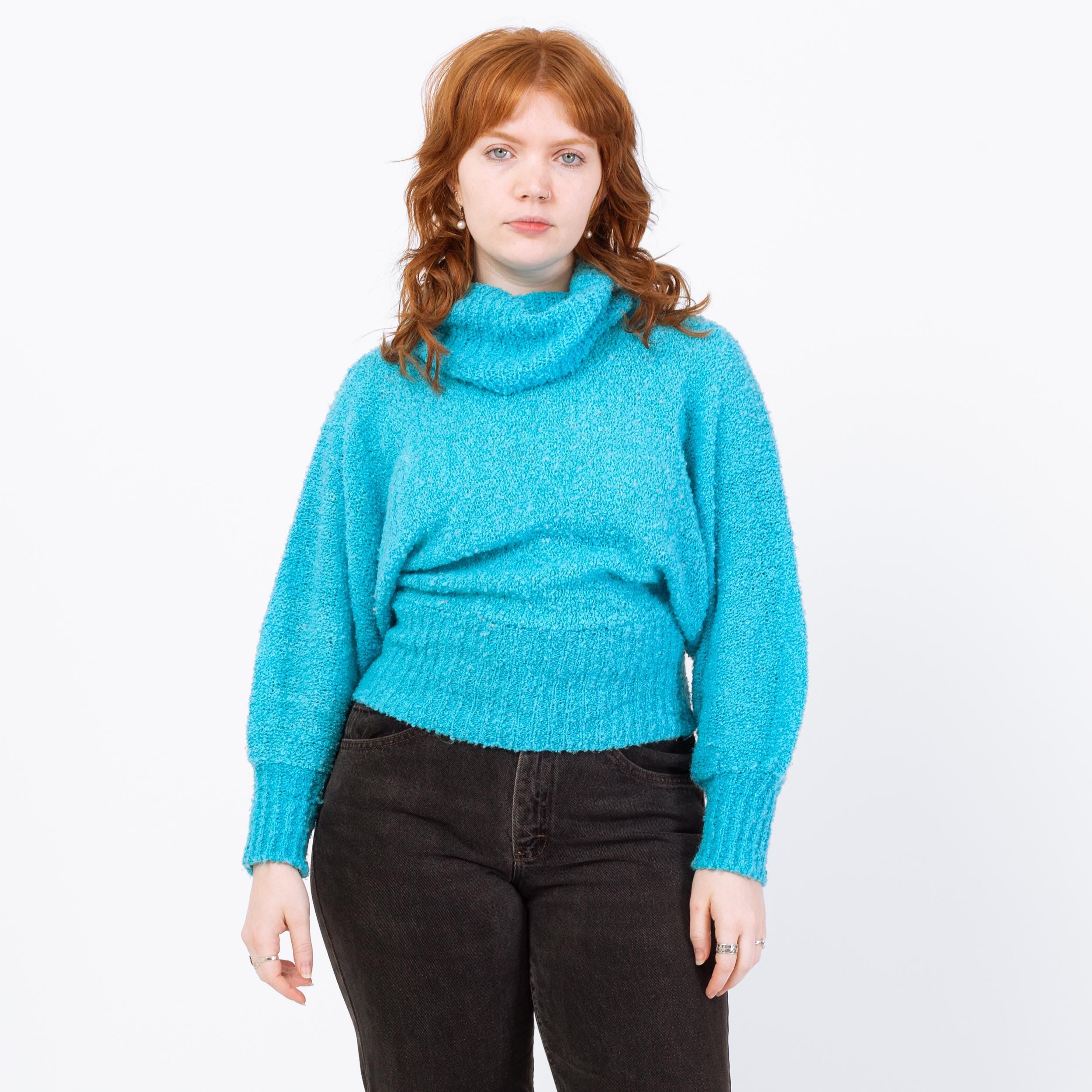 Vintage 80s Blue Boucle Knit Turtleneck Sweater - Medium to Large