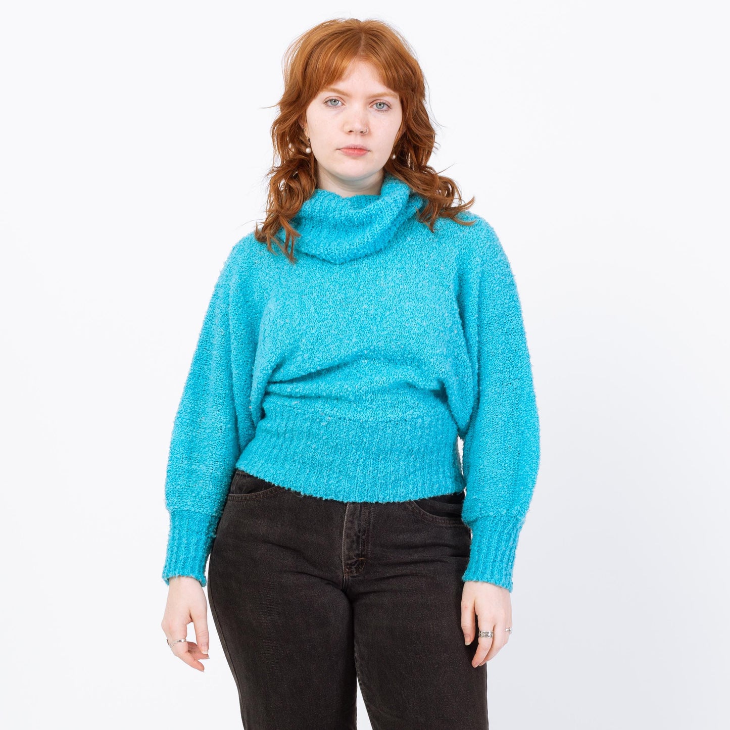 Vintage 80s Blue Boucle Knit Turtleneck Sweater - Medium to Large | Dolman Sleeve Pullover