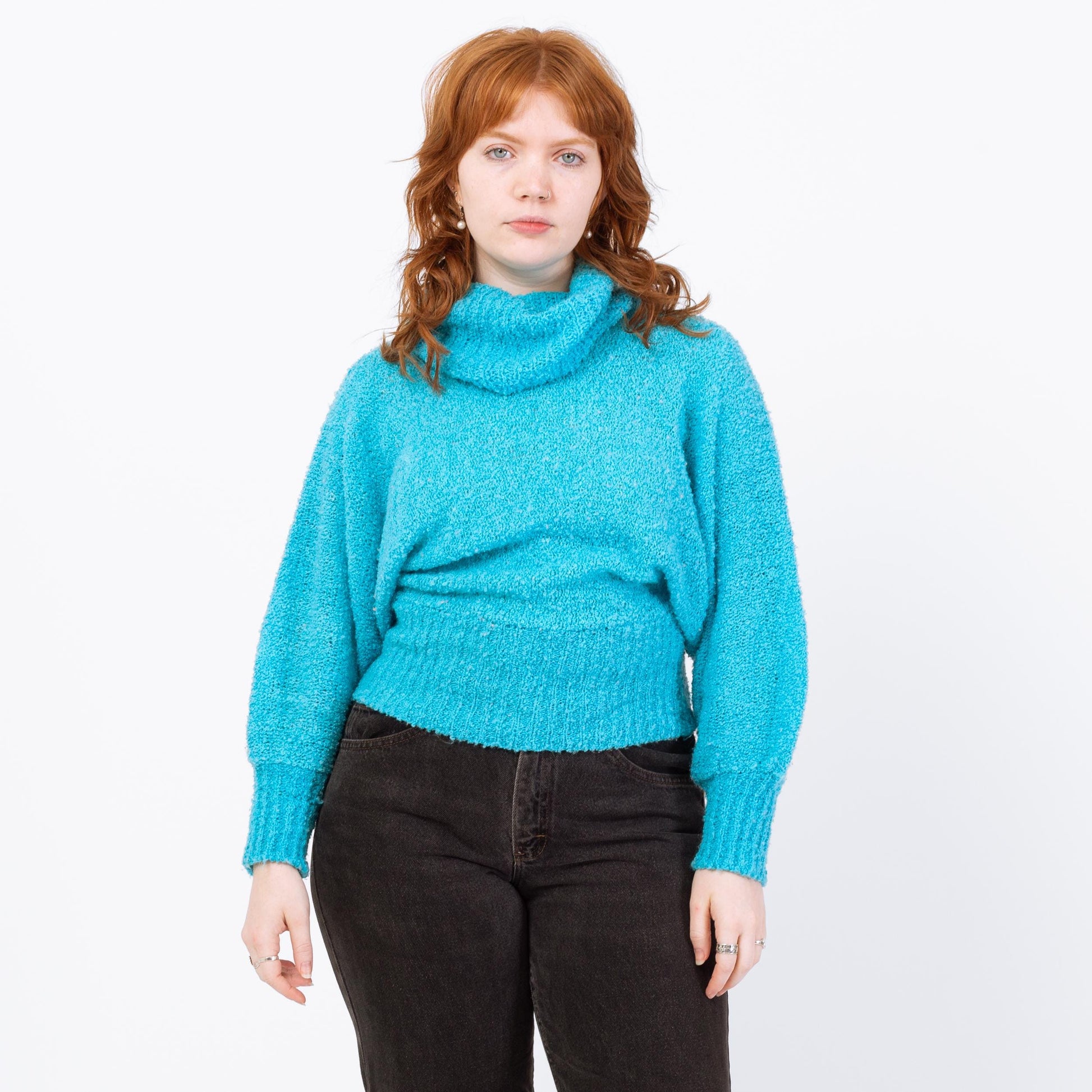 Vintage 80s Blue Boucle Knit Turtleneck Sweater - Medium to Large | Dolman Sleeve Pullover