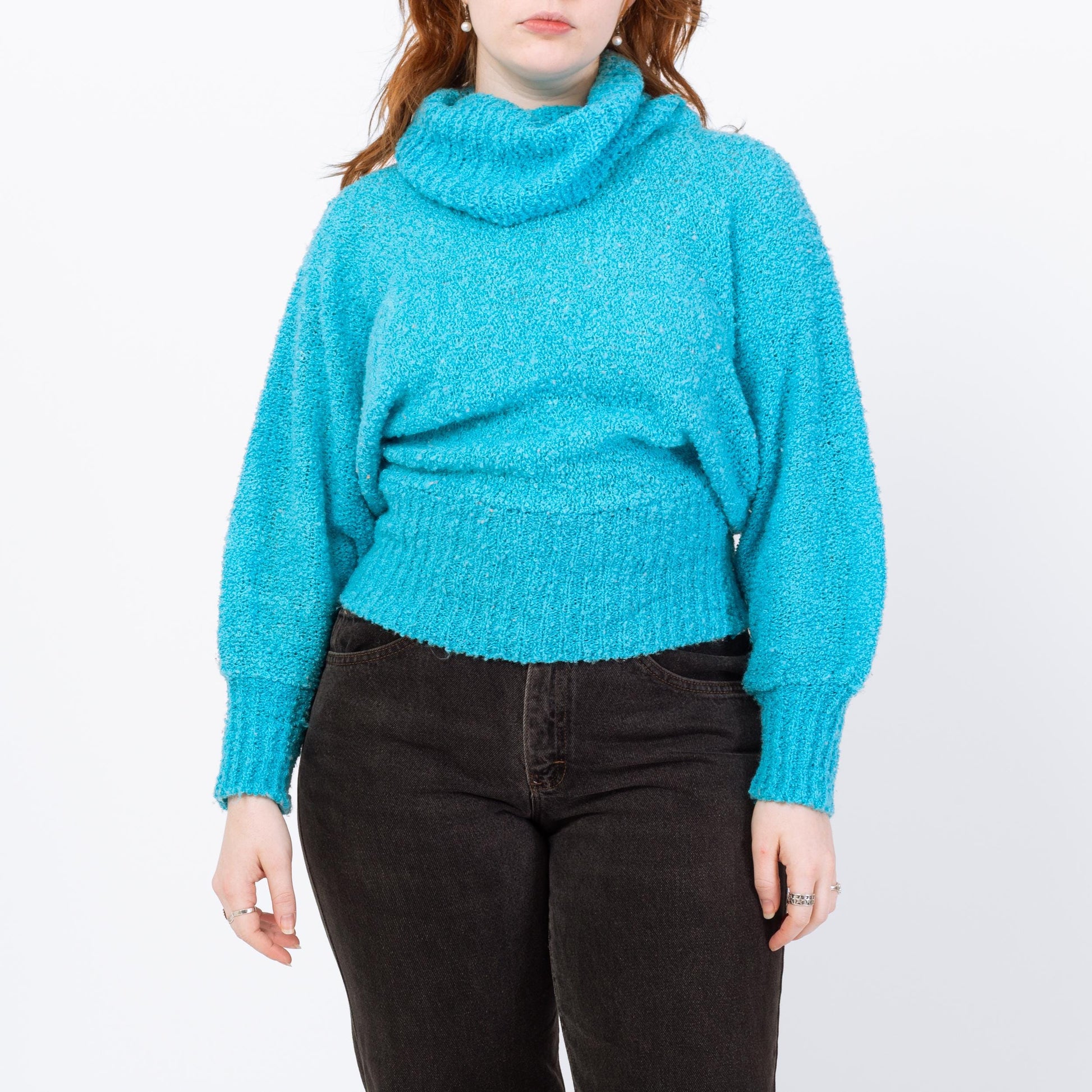 Vintage 80s Blue Boucle Knit Turtleneck Sweater - Medium to Large | Dolman Sleeve Pullover