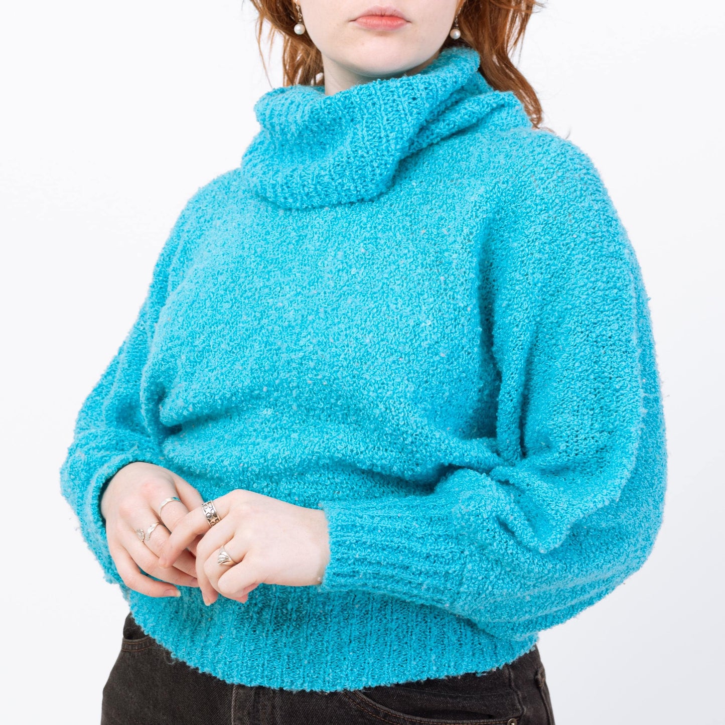 Vintage 80s Blue Boucle Knit Turtleneck Sweater - Medium to Large | Dolman Sleeve Pullover