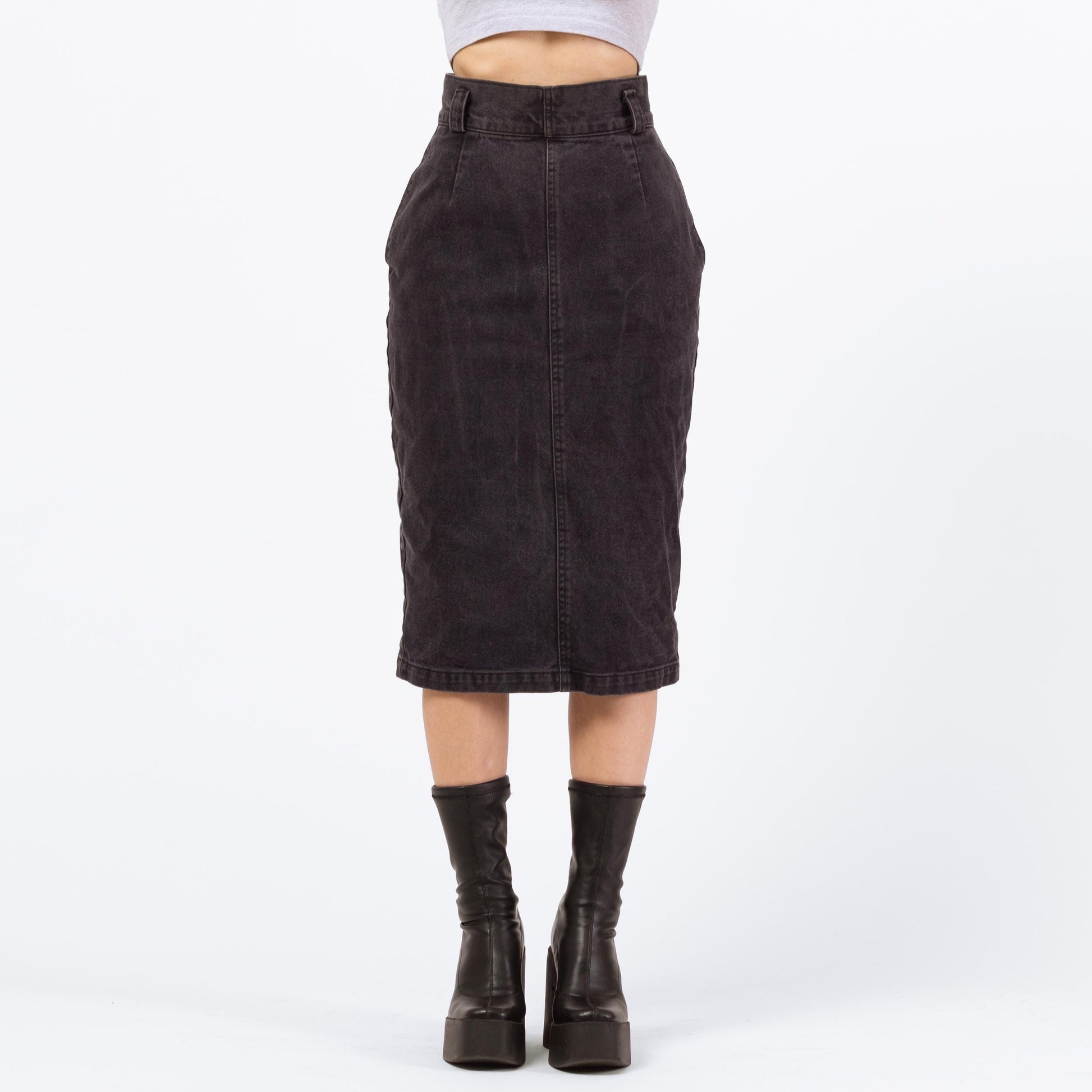 Vintage 80s Calvin Klein Black Denim Midi Skirt - Extra Small, 24" | High Waisted Fitted Jean Pencil Skirt