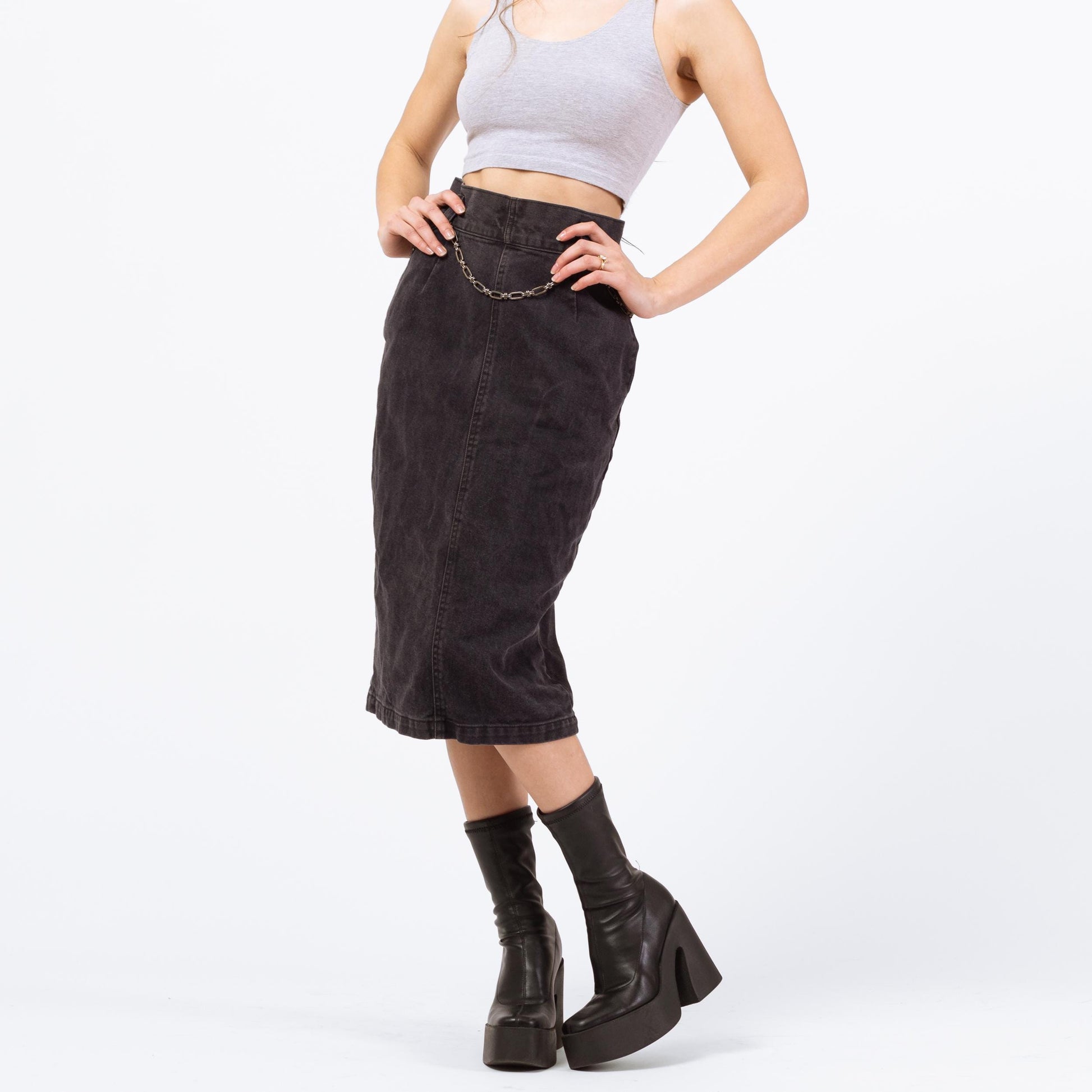 Vintage 80s Calvin Klein Black Denim Midi Skirt - Extra Small, 24" | High Waisted Fitted Jean Pencil Skirt
