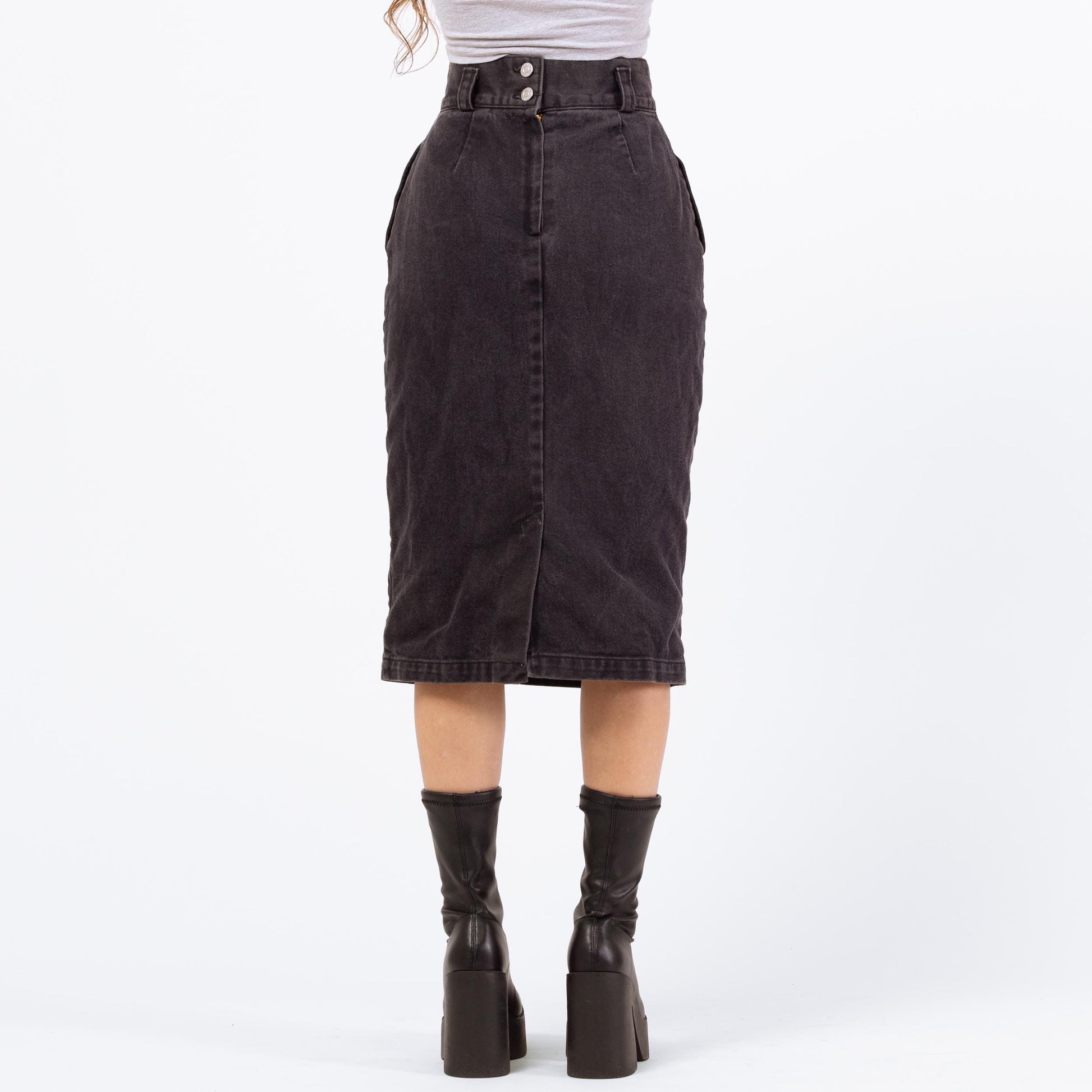 Vintage 80s Calvin Klein Black Denim Midi Skirt - Extra Small, 24" | High Waisted Fitted Jean Pencil Skirt