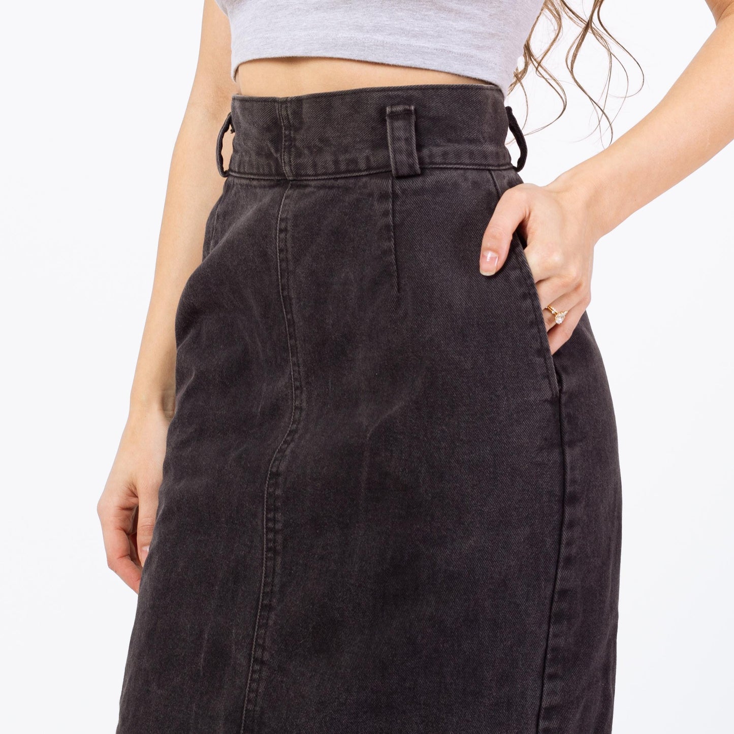 Vintage 80s Calvin Klein Black Denim Midi Skirt - Extra Small, 24" | High Waisted Fitted Jean Pencil Skirt