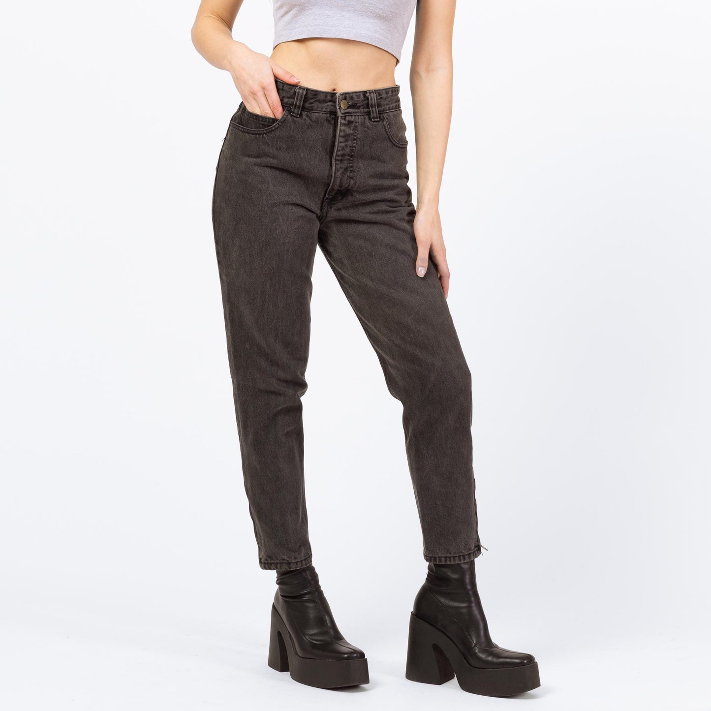 Vintage 90s Guess High Waisted Faded Black Ankle Zip Jeans - Petite Small, 26" | Denim Mom Jeans
