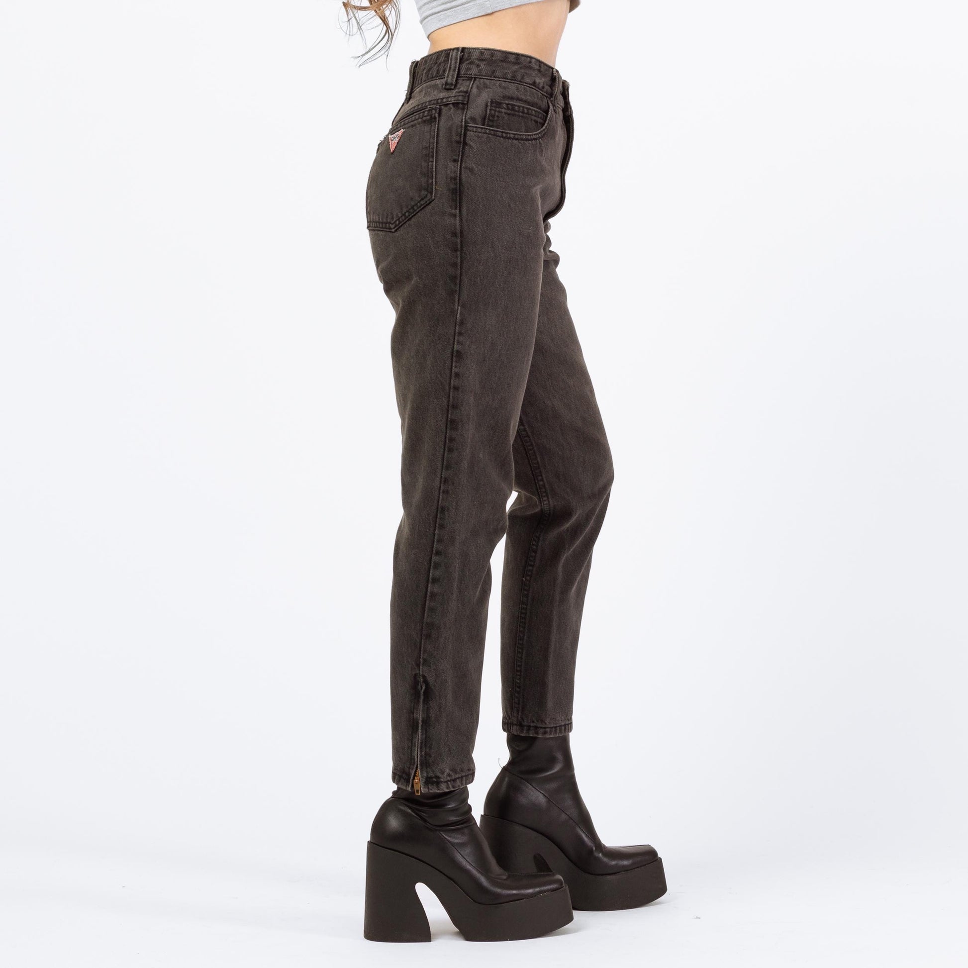 Vintage 90s Guess High Waisted Faded Black Ankle Zip Jeans - Petite Small, 26" | Denim Mom Jeans
