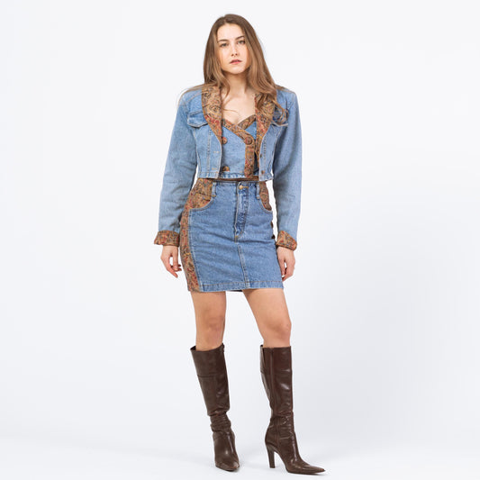 Vintage 80s Denim Tapestry Skirt Set - XS to Medium | Matching Three Piece Outfit Mini Dress