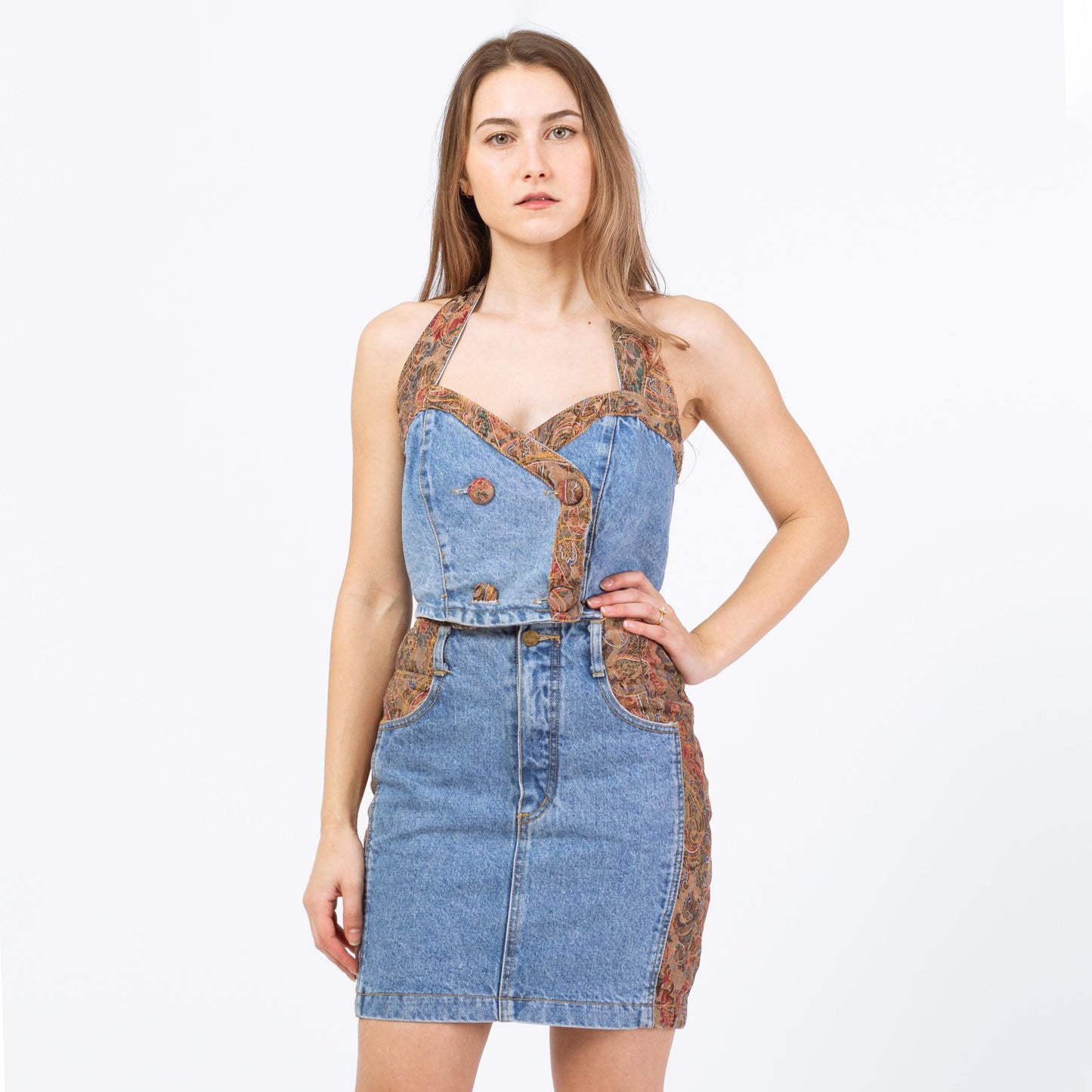 Vintage 80s Denim Tapestry Skirt Set - XS to Medium | Matching Three Piece Outfit Mini Dress