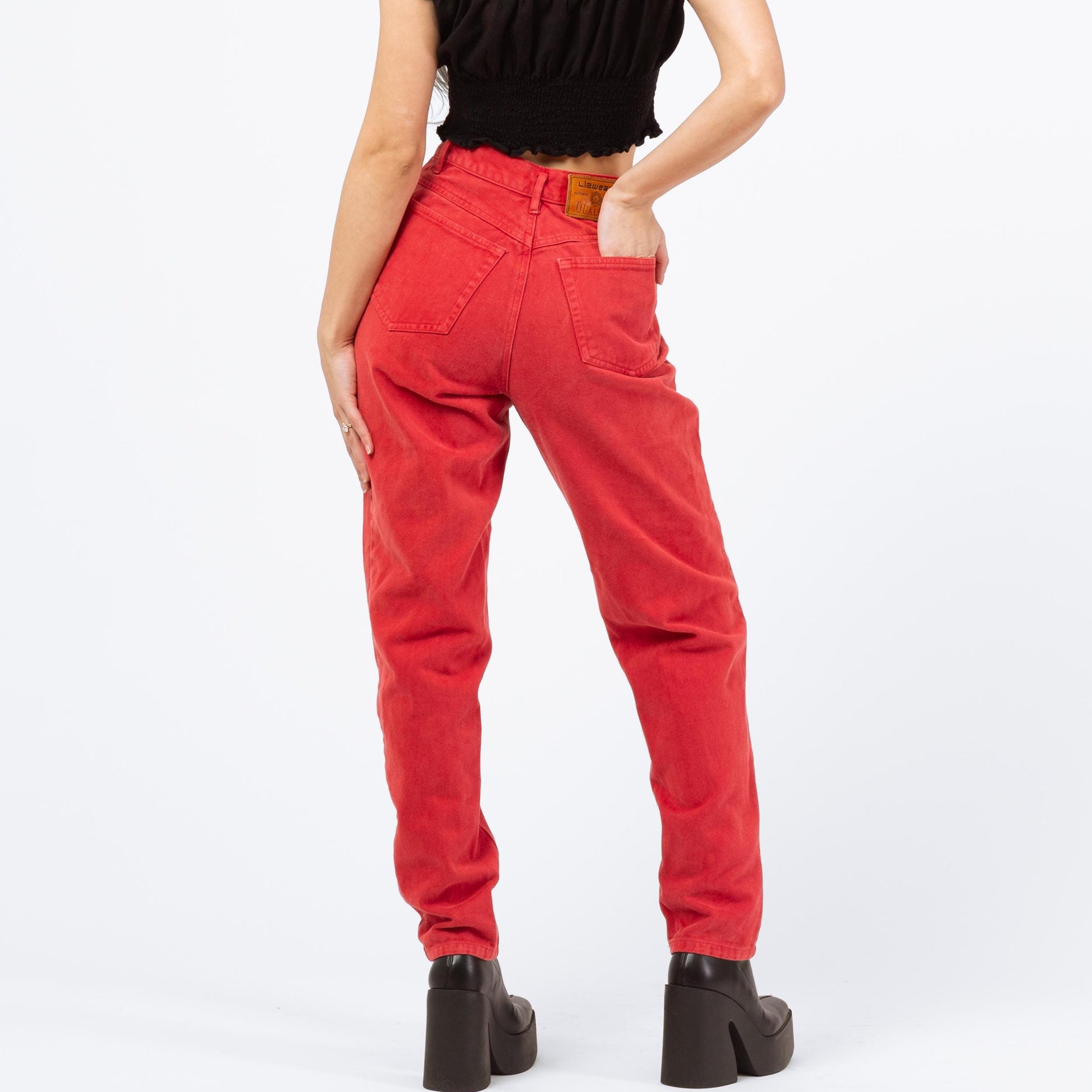 Vintage 90s Soft Red Denim High Waisted Jeans - Extra Small, 24" | Tapered Leg Mom Jeans