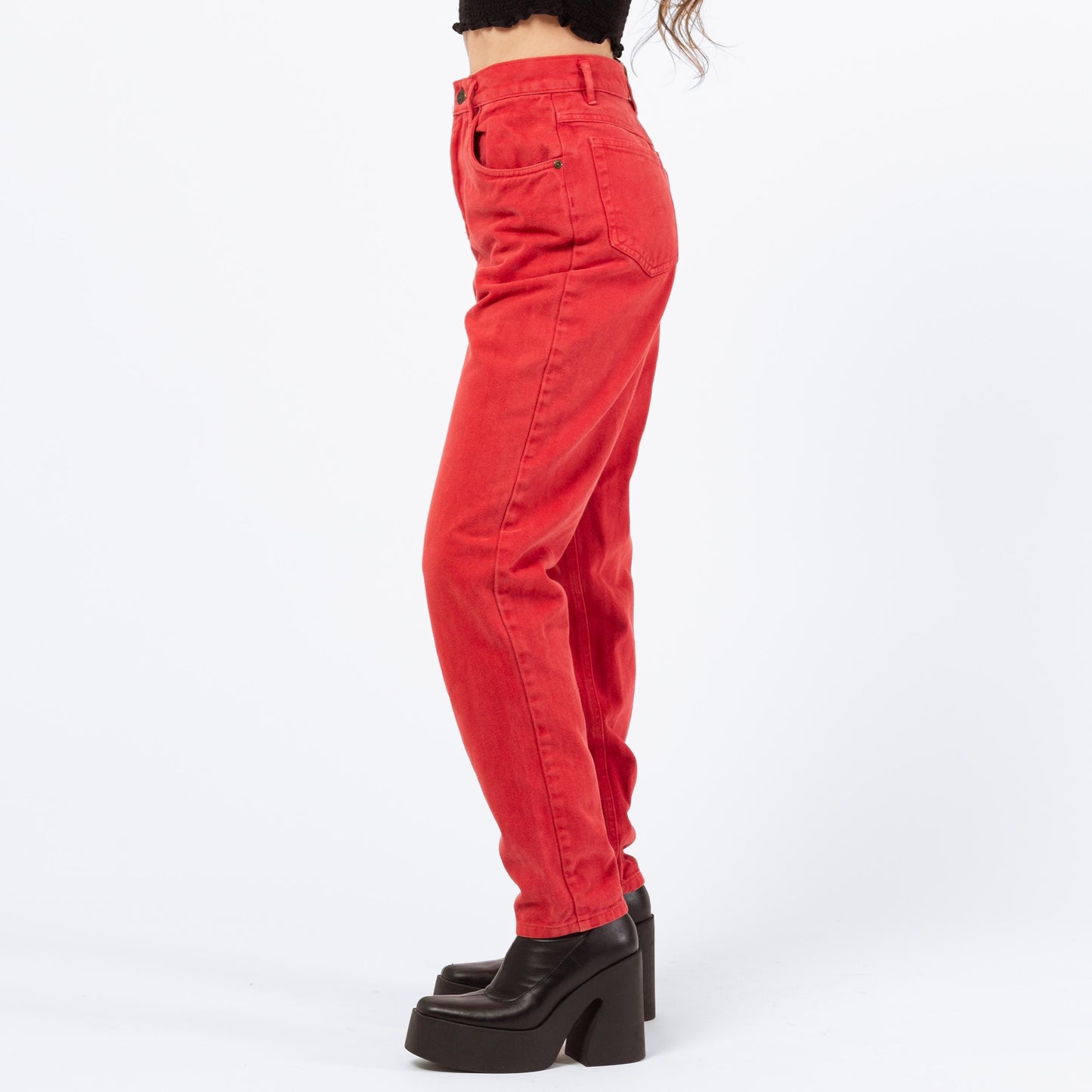 Vintage 90s Soft Red Denim High Waisted Jeans - Extra Small, 24" | Tapered Leg Mom Jeans