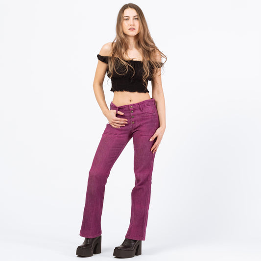 Vintage 70s Magenta Corduroy Faded Bootcut Pants - Extra Small | Mid Rise Retro Flared Trousers