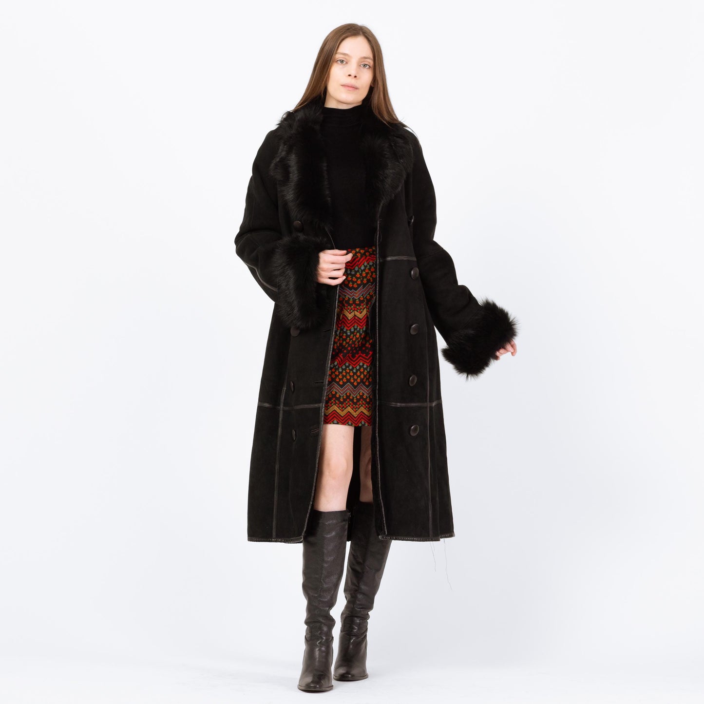 Vintage Pasha Veneto Black Lambskin Penny Lane Coat - Small | Y2K Does 70s Boho Fur Trim Long Suede Leather Jacket