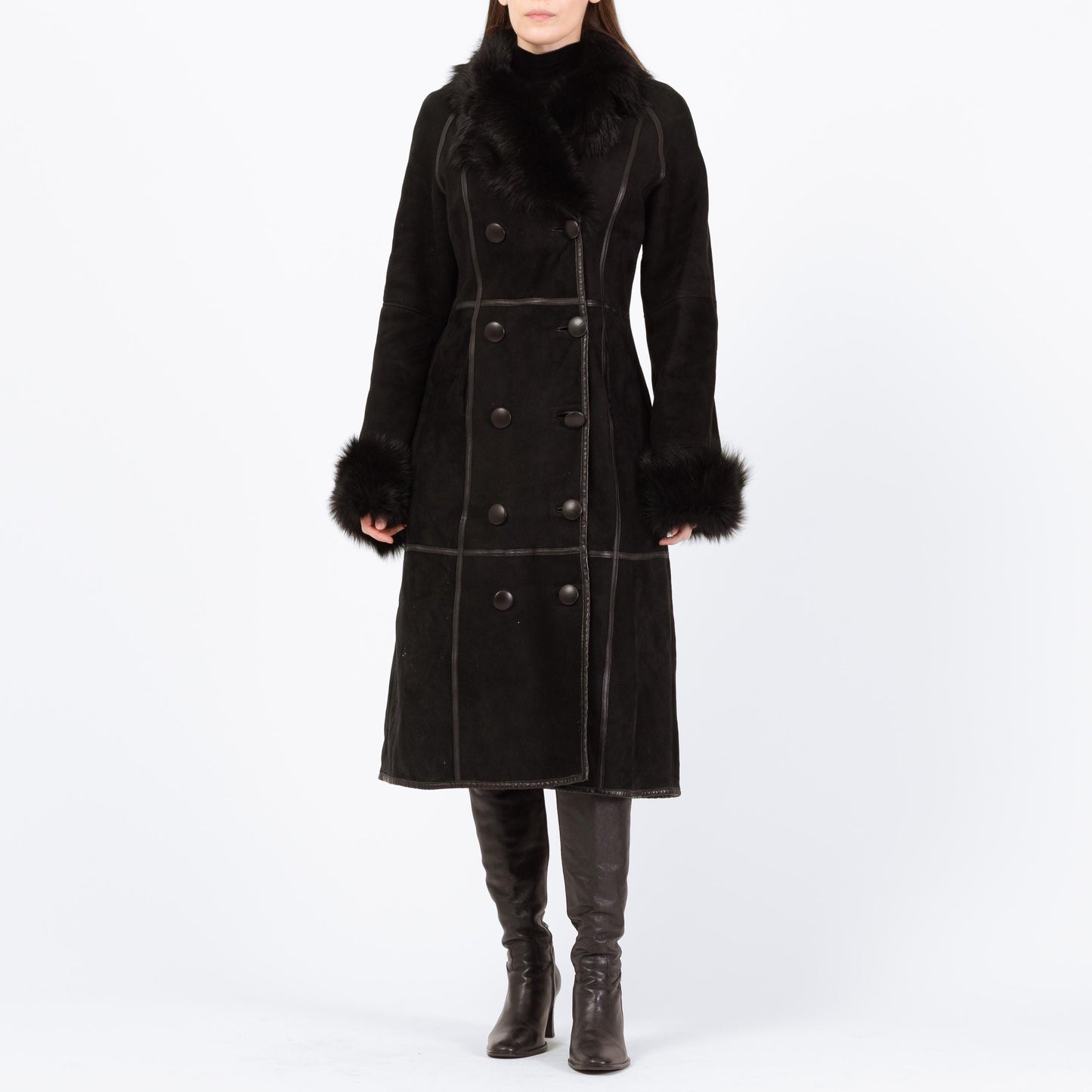 Vintage Pasha Veneto Black Lambskin Penny Lane Coat - Small | Y2K Does 70s Boho Fur Trim Long Suede Leather Jacket