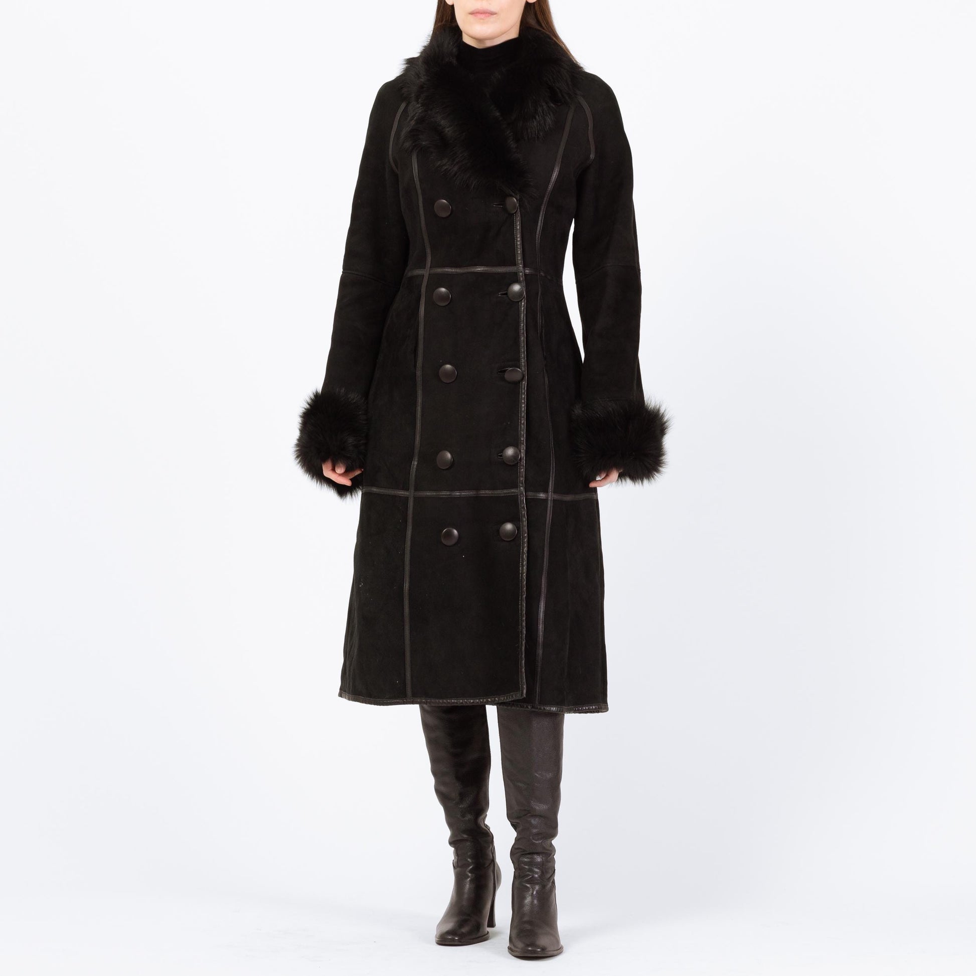 Vintage Pasha Veneto Black Lambskin Penny Lane Coat - Small | Y2K Does 70s Boho Fur Trim Long Suede Leather Jacket