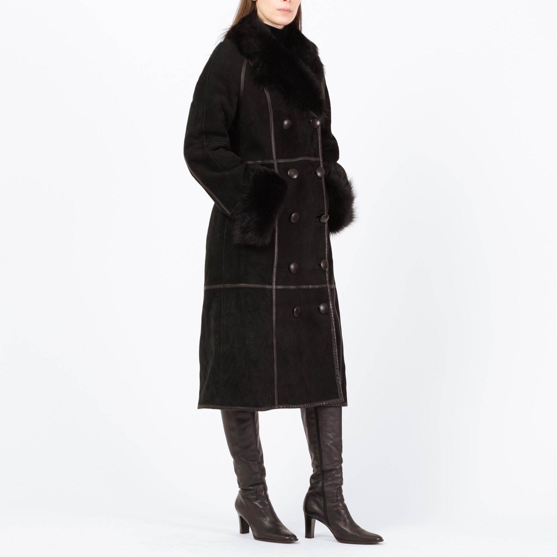 Vintage Pasha Veneto Black Lambskin Penny Lane Coat - Small | Y2K Does 70s Boho Fur Trim Long Suede Leather Jacket