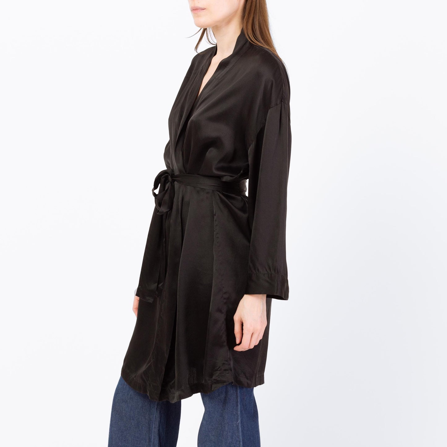 Vintage 90s Victoria's Secret Black Silk Robe - Small | Boho Belted Loungewear Mini Kimono