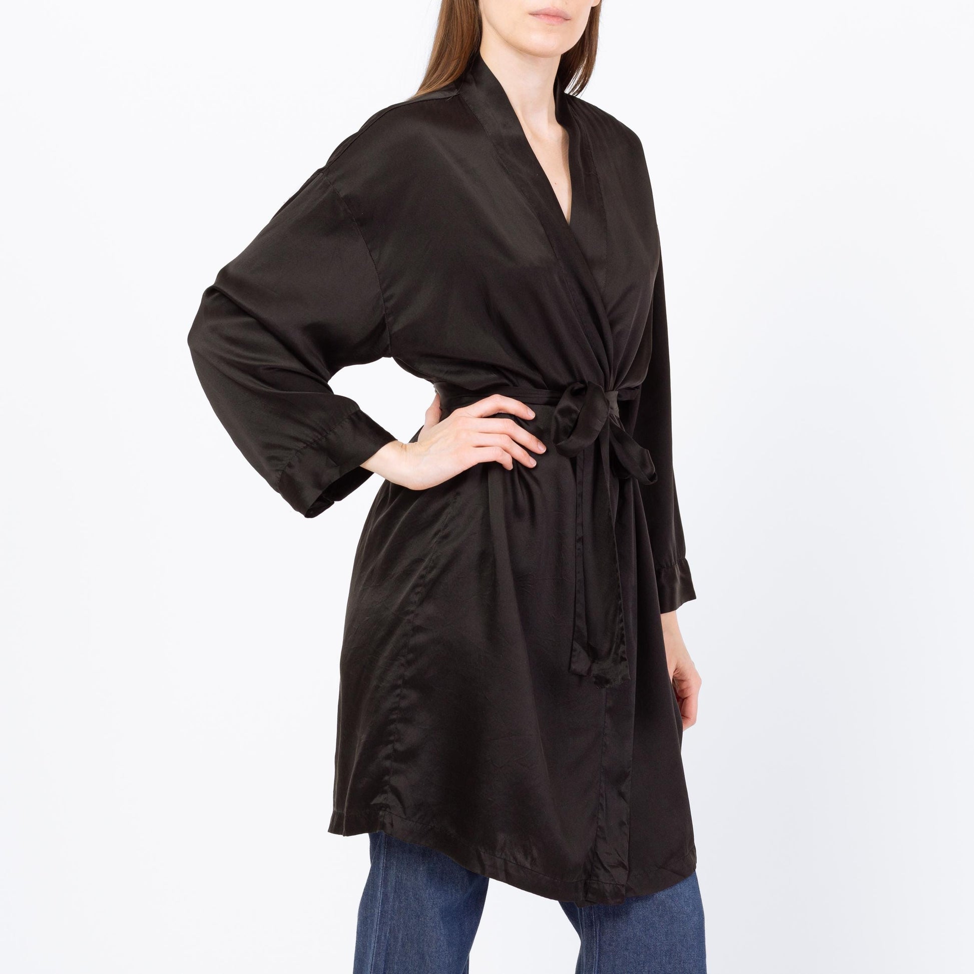 Vintage 90s Victoria's Secret Black Silk Robe - Small | Boho Belted Loungewear Mini Kimono