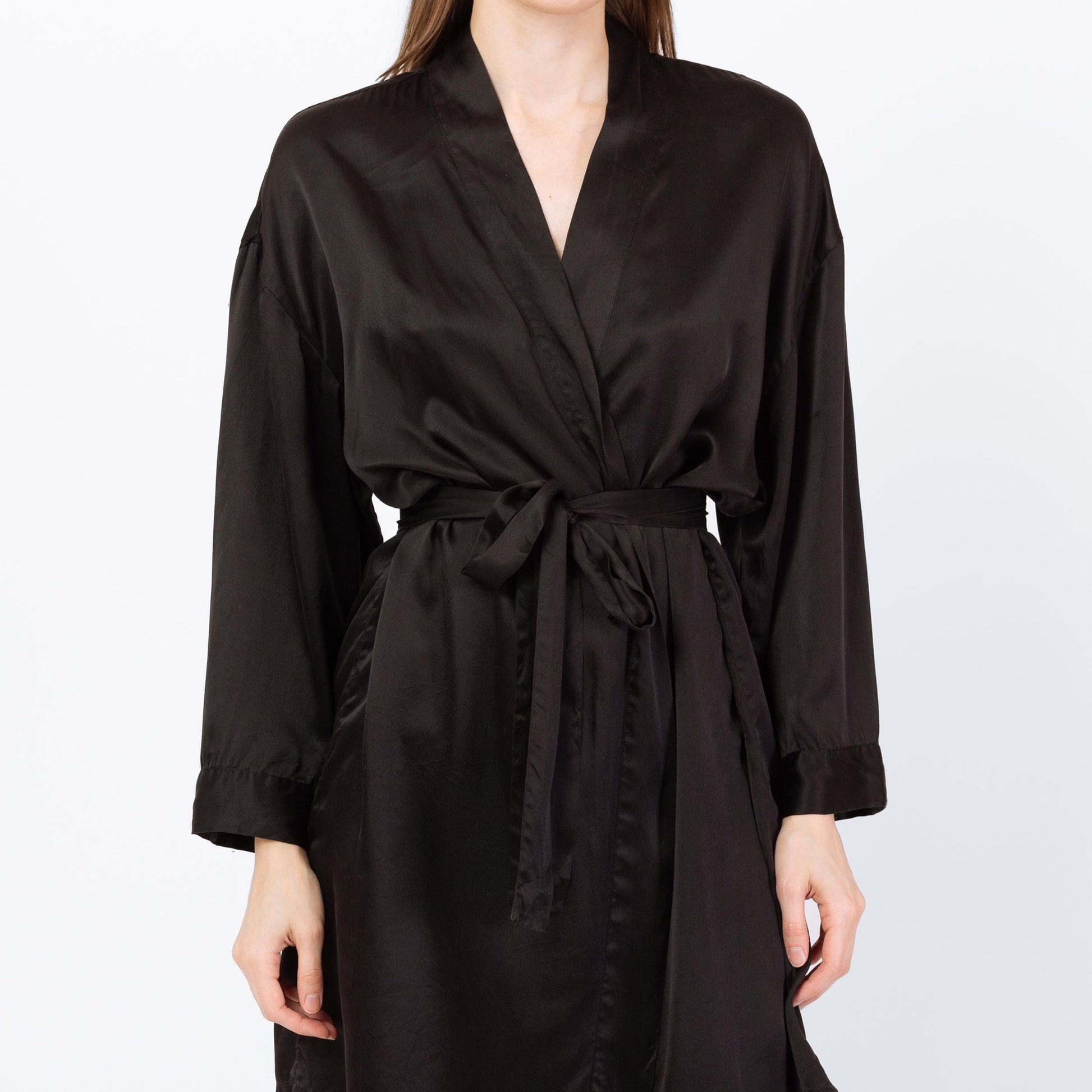 Vintage 90s Victoria's Secret Black Silk Robe - Small | Boho Belted Loungewear Mini Kimono