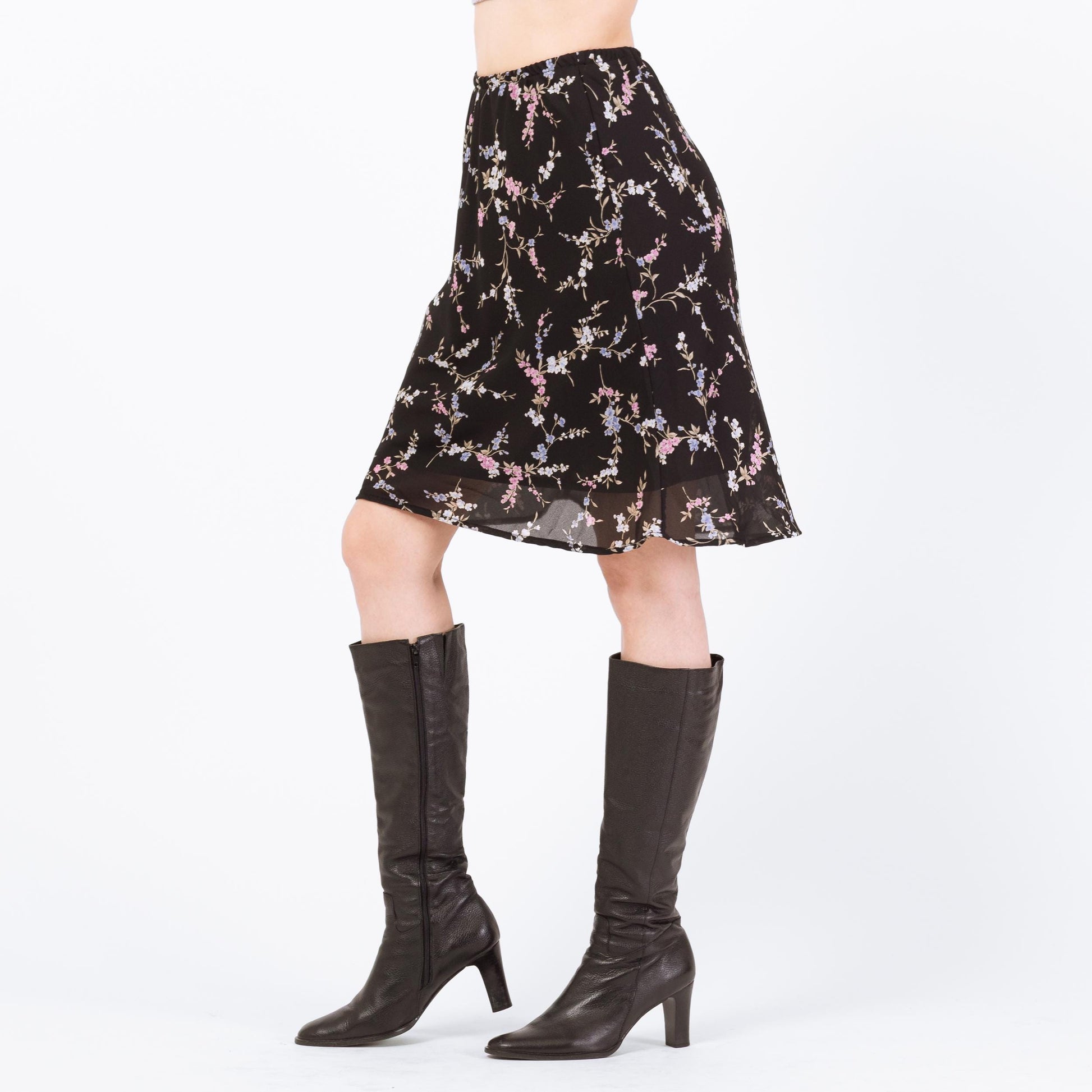 Vintage 90s Black Floral Bias Cut Mini Skirt - Small | Boho High Waisted Slip Miniskirt