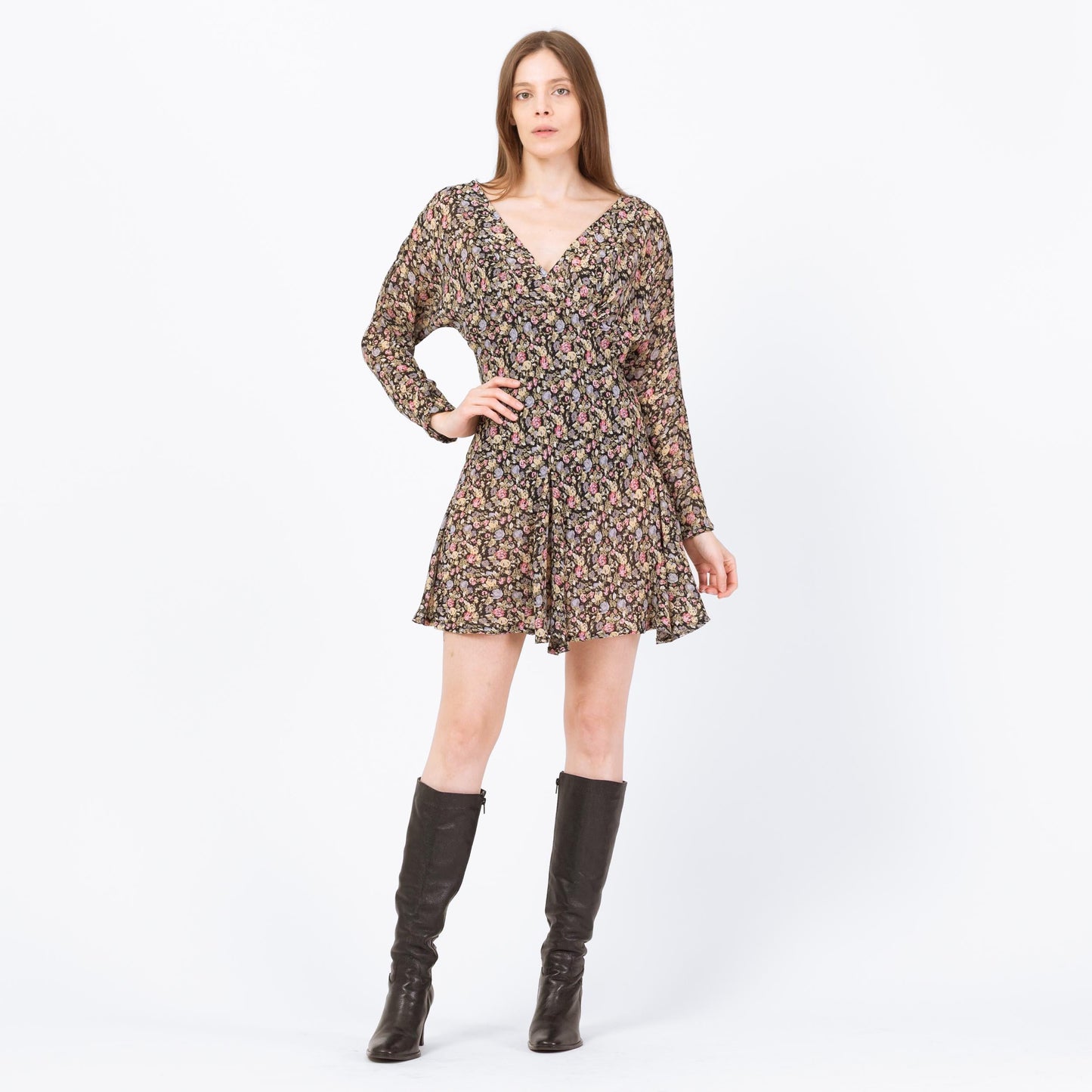 Vintage 90s Sheer Floral Dolman Sleeve Mini Dress - Small | Boho Bias Cut Long Sleeve Dress