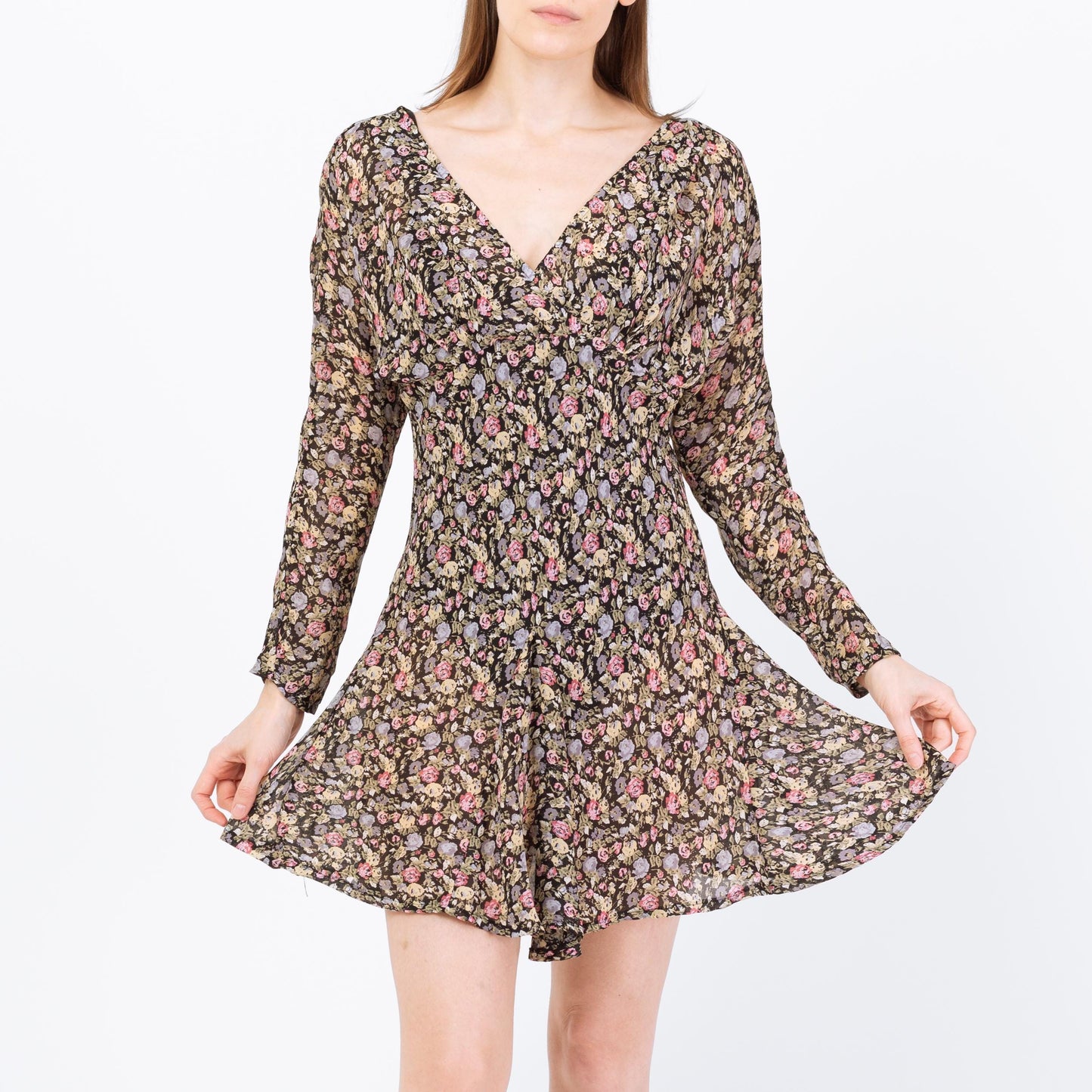 Vintage 90s Sheer Floral Dolman Sleeve Mini Dress - Small | Boho Bias Cut Long Sleeve Dress