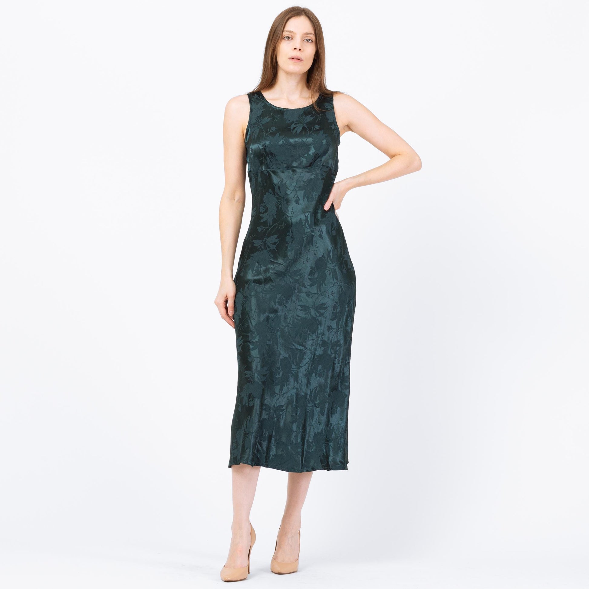 Vintage 90s Dark Emerald Floral Satin Midi Dress - Small | Boho Green Jacquard Tank Dress