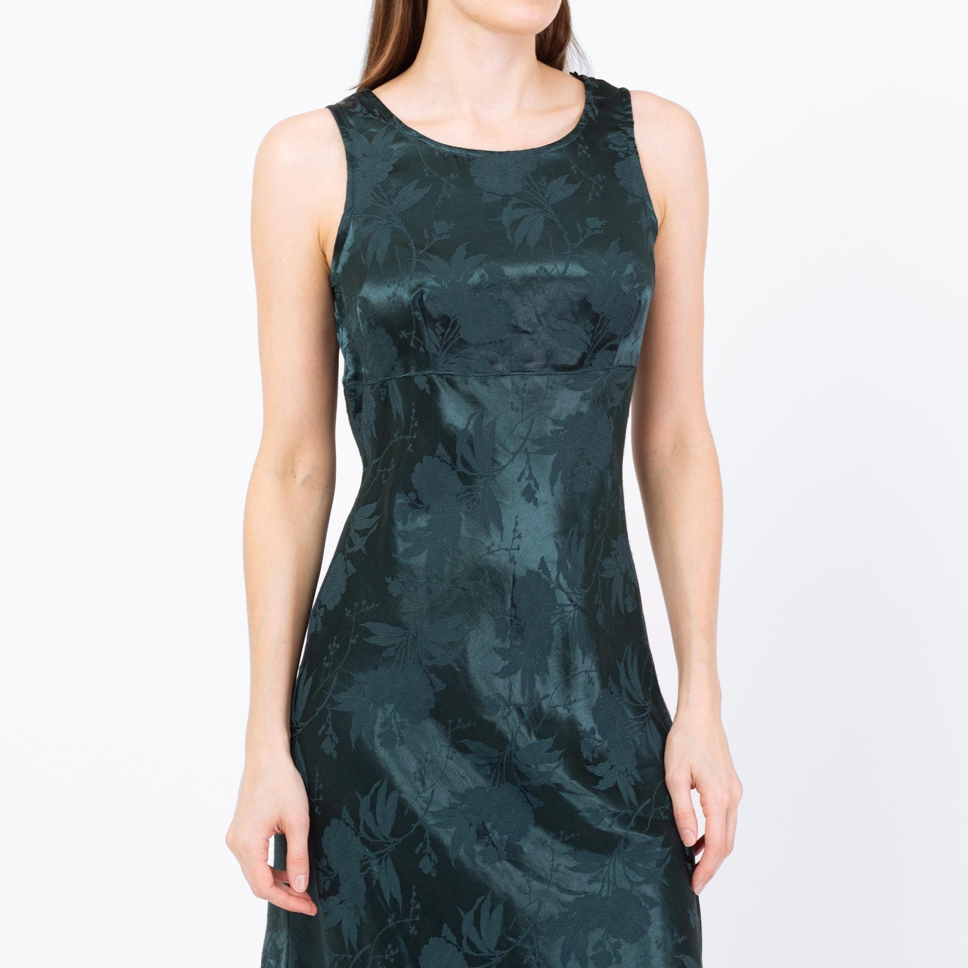Vintage 90s Dark Emerald Floral Satin Midi Dress - Small | Boho Green Jacquard Tank Dress
