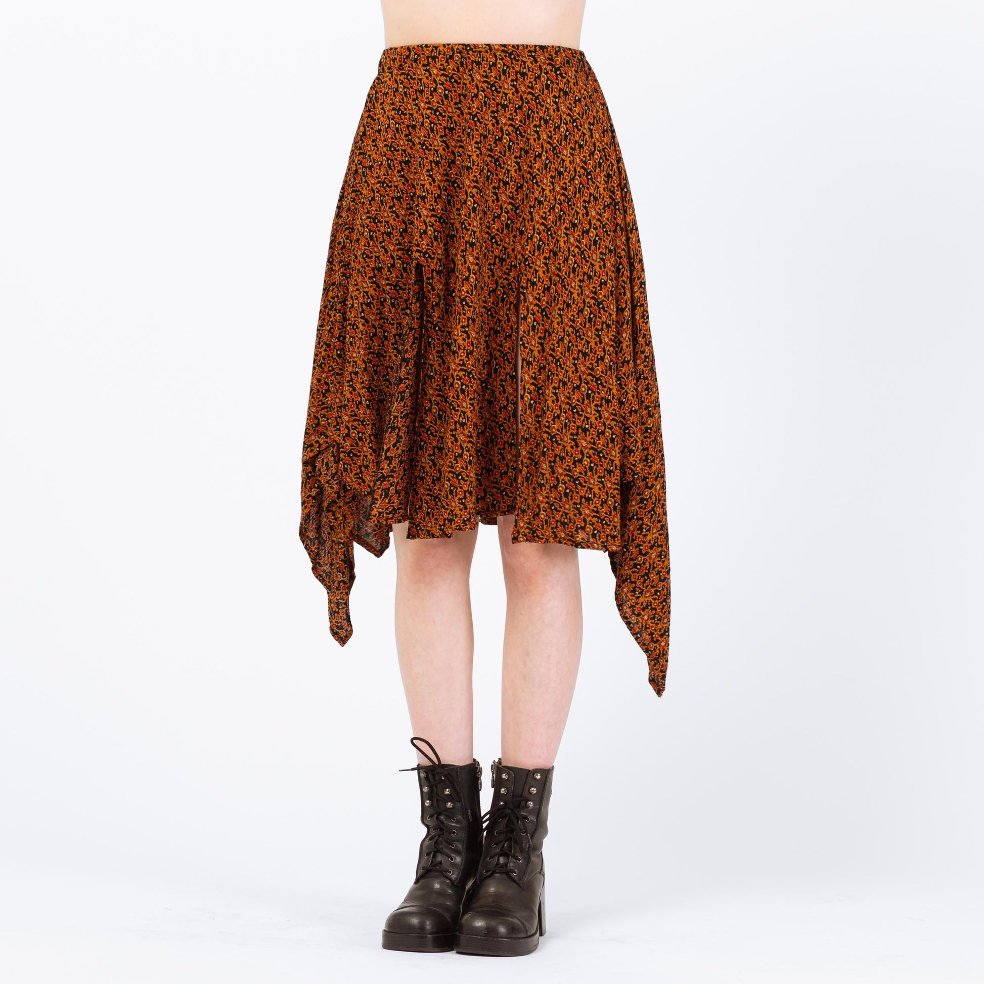 Vintage High Slit Orange Floral Handkerchief Skirt - Medium to Large | Whimsigoth Fairycore Scarf Hem Midi Skirt