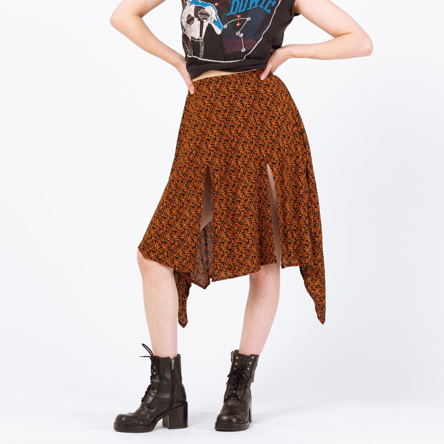 Vintage High Slit Orange Floral Handkerchief Skirt - Medium to Large | Whimsigoth Fairycore Scarf Hem Midi Skirt