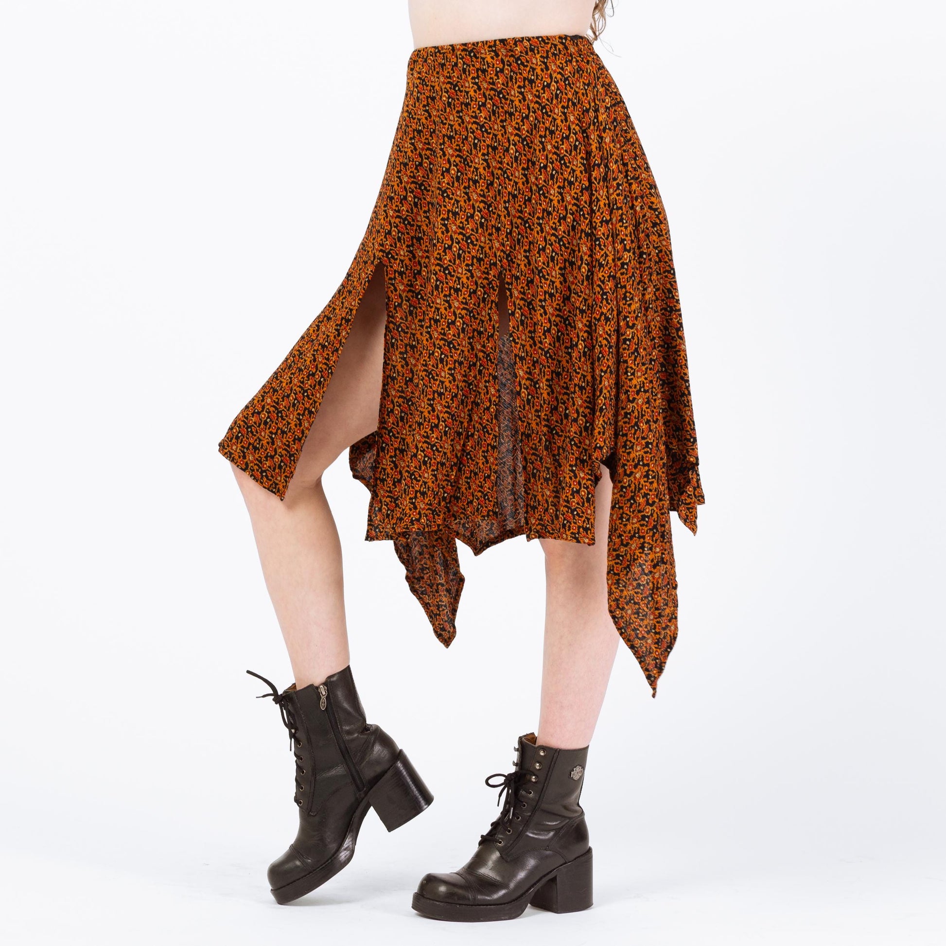 Vintage High Slit Orange Floral Handkerchief Skirt - Medium to Large | Whimsigoth Fairycore Scarf Hem Midi Skirt