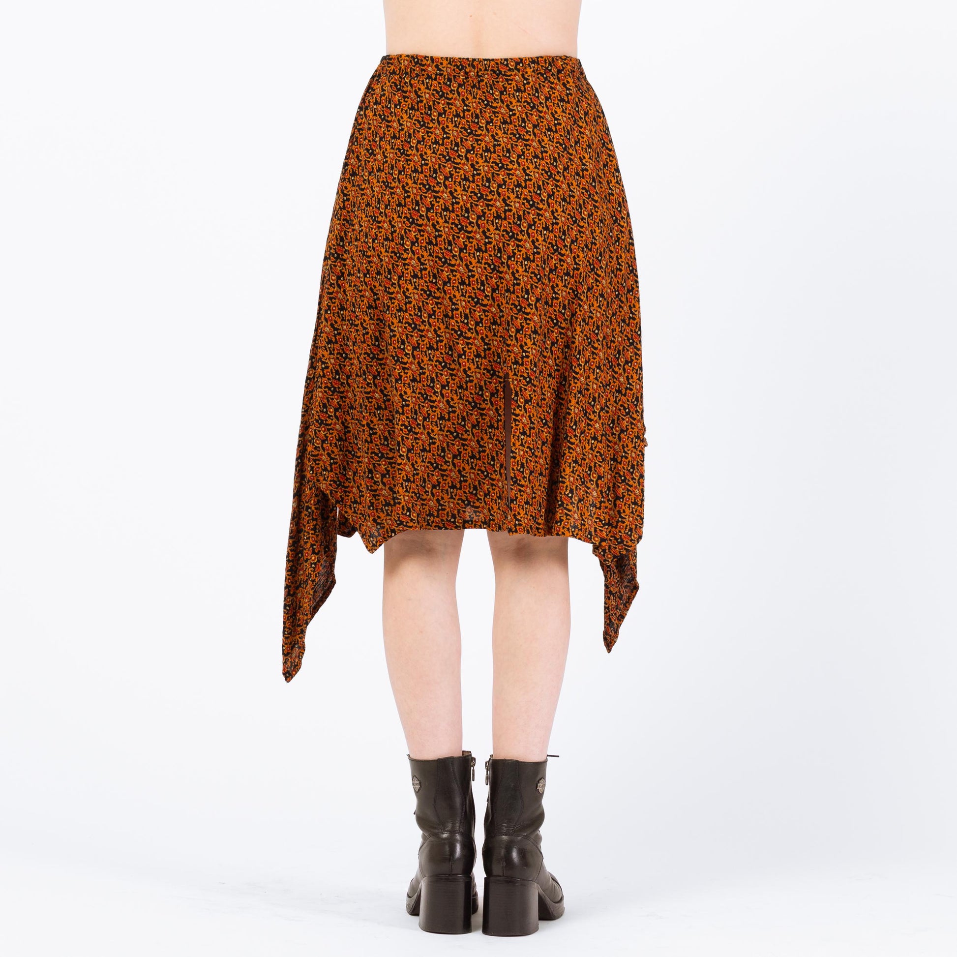 Vintage High Slit Orange Floral Handkerchief Skirt - Medium to Large | Whimsigoth Fairycore Scarf Hem Midi Skirt