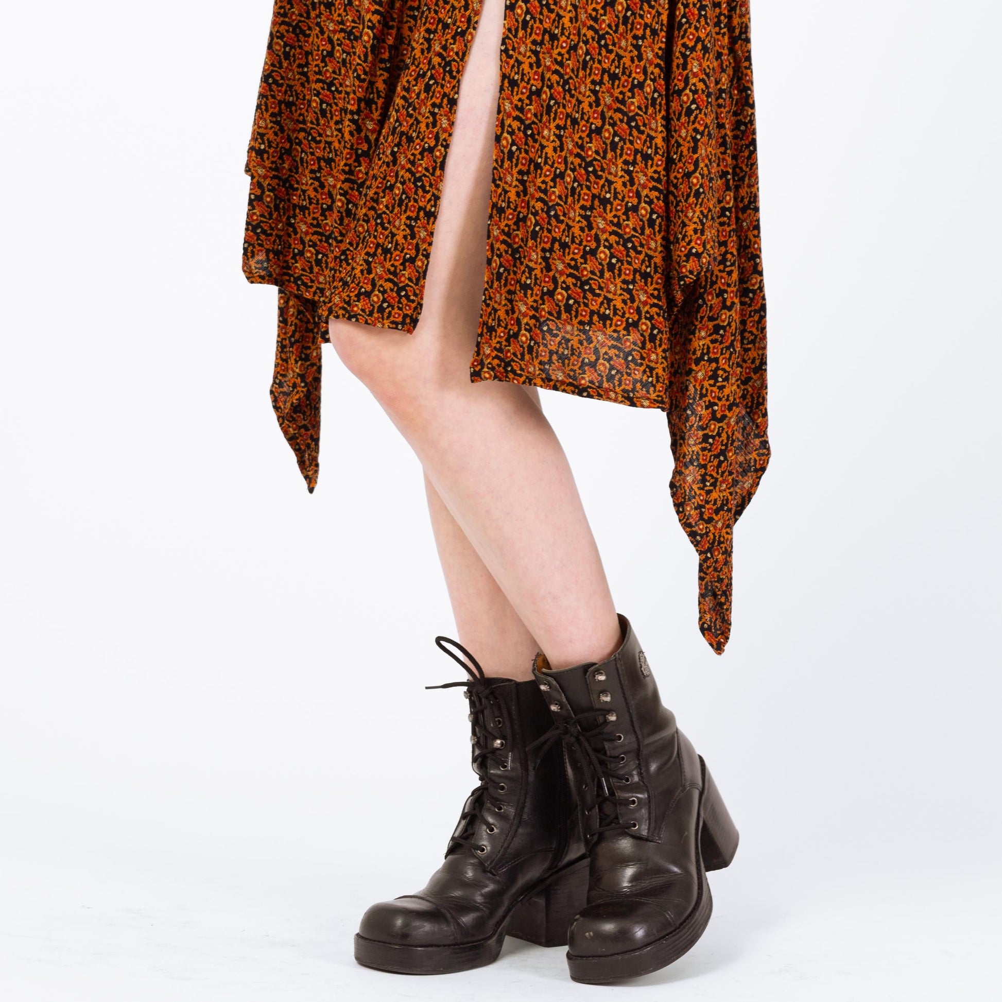 Vintage High Slit Orange Floral Handkerchief Skirt - Medium to Large | Whimsigoth Fairycore Scarf Hem Midi Skirt