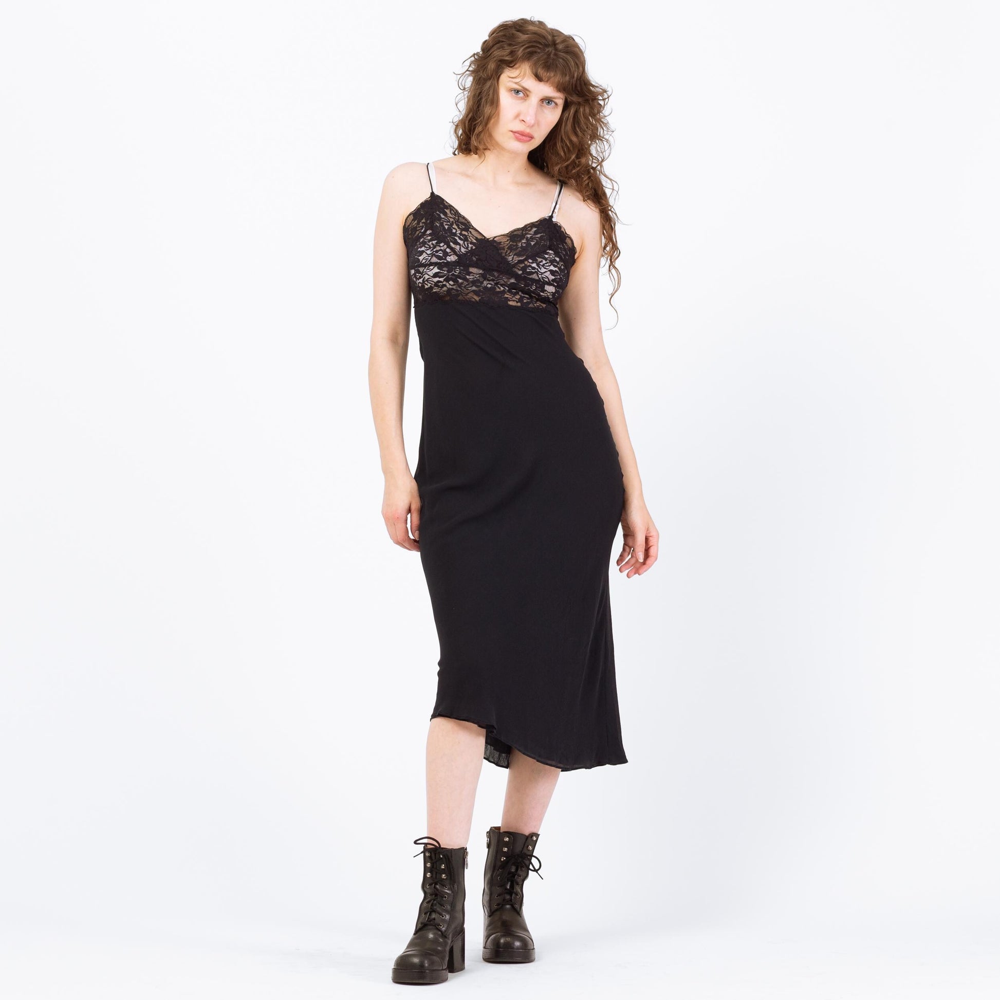 Vintage 90s Black Silk Lingerie Slip Dress - Small to Medium | Bias Cut Lace Bodice Nightie