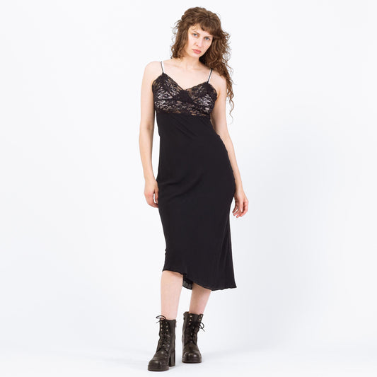 Vintage 90s Black Silk Lingerie Slip Dress - Small to Medium | Bias Cut Lace Bodice Nightie